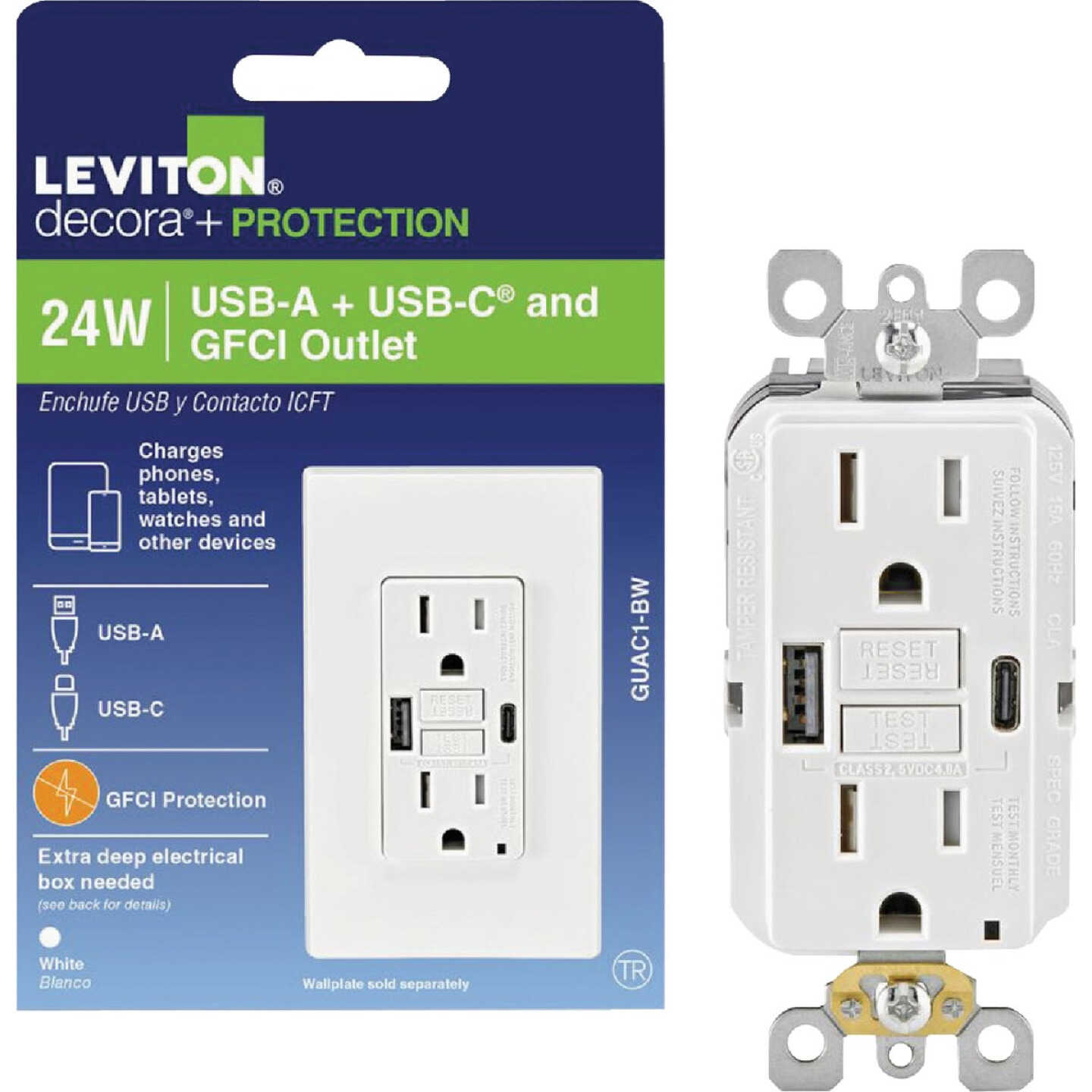 Leviton SmartlockPro White 15A Self-Test GFCI Combination 24-Watt (4.8 Amp) 2-Port Type A/C USB In-Wall Charger Duplex Outlet Image 1