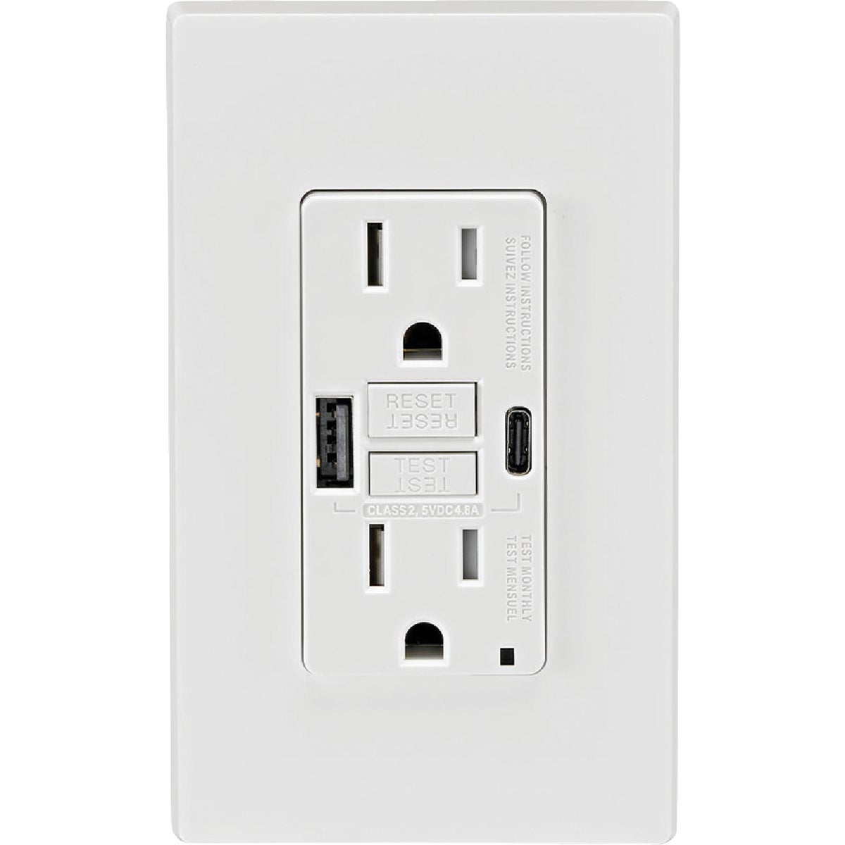 Leviton SmartlockPro White 15A Self-Test GFCI Combination 24-Watt (4.8 Amp) 2-Port Type A/C USB In-Wall Charger Duplex Outlet Image 3