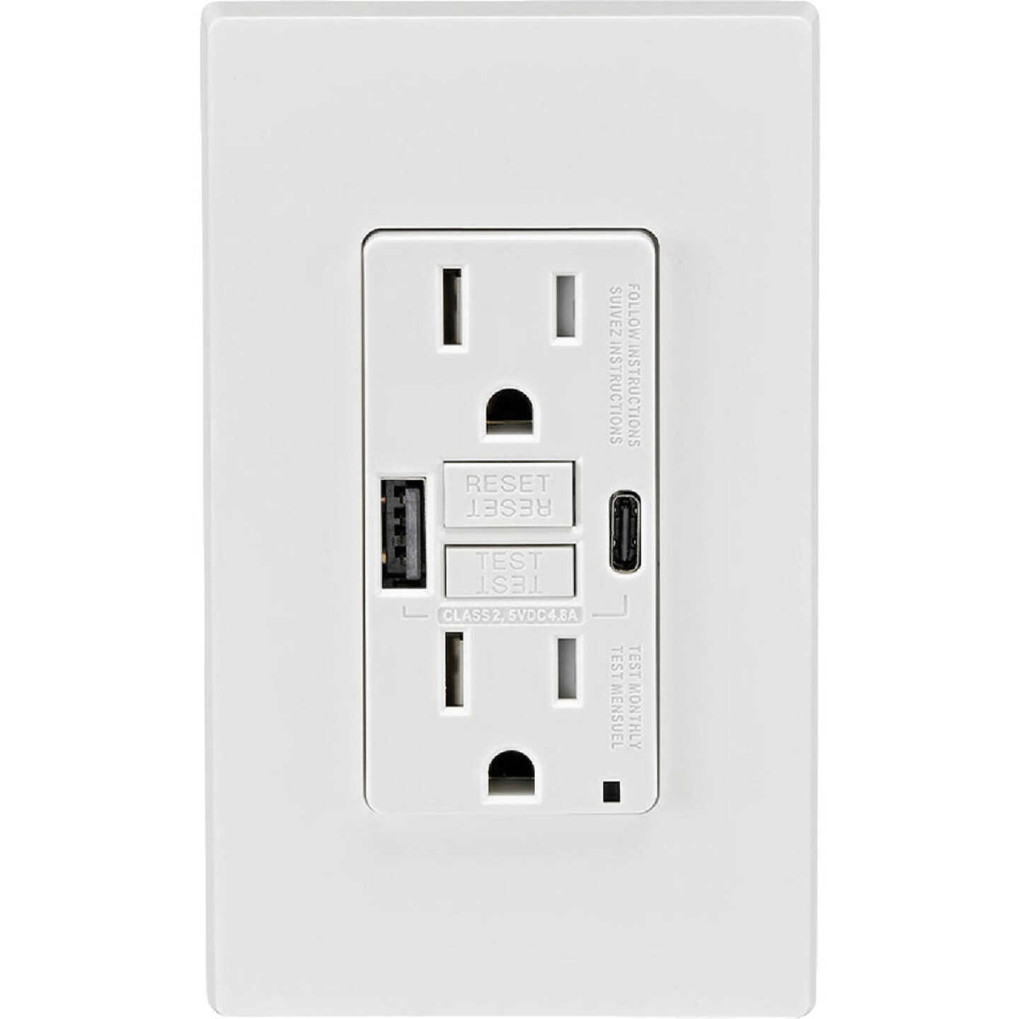 Leviton SmartlockPro White 15A Self-Test GFCI Combination 24-Watt (4.8 Amp) 2-Port Type A/C USB In-Wall Charger Duplex Outlet Image 3