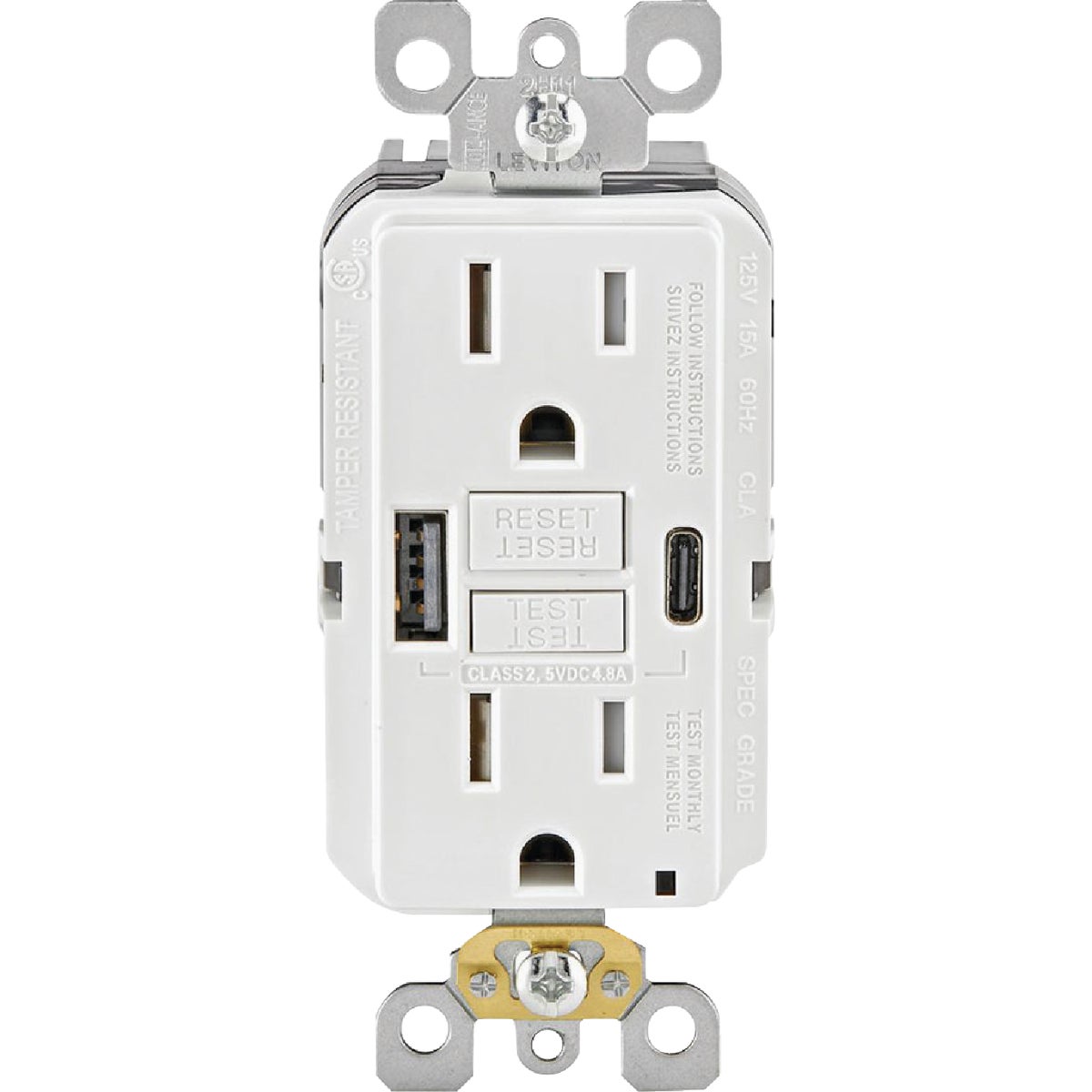 Leviton SmartlockPro White 15A Self-Test GFCI Combination 24-Watt (4.8 Amp) 2-Port Type A/C USB In-Wall Charger Duplex Outlet Image 4