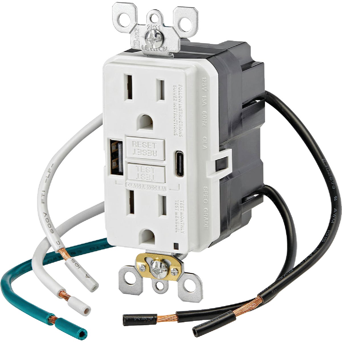 Leviton SmartlockPro White 15A Self-Test GFCI Combination 24-Watt (4.8 Amp) 2-Port Type A/C USB In-Wall Charger Duplex Outlet Image 2