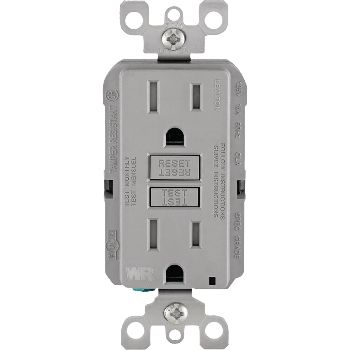 Leviton SmartlockPro 15A Gray Residential Grade Self-Test Tamper & Weather Resistant GFCI Outlet