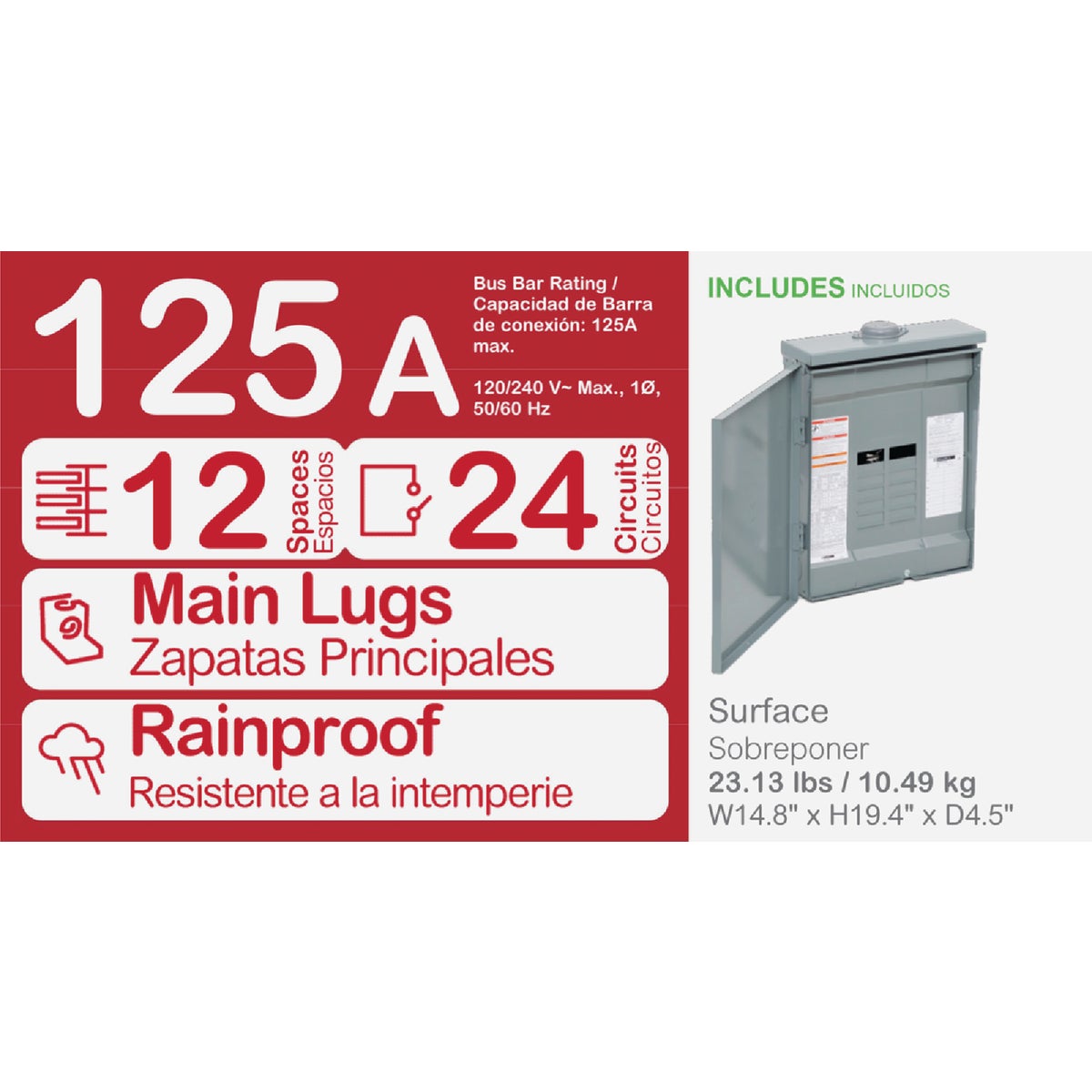 Square D Homeline 125A 12-Space 24-Circuit Raintight Main Lug Plug-on Neutral Load Center Image 2