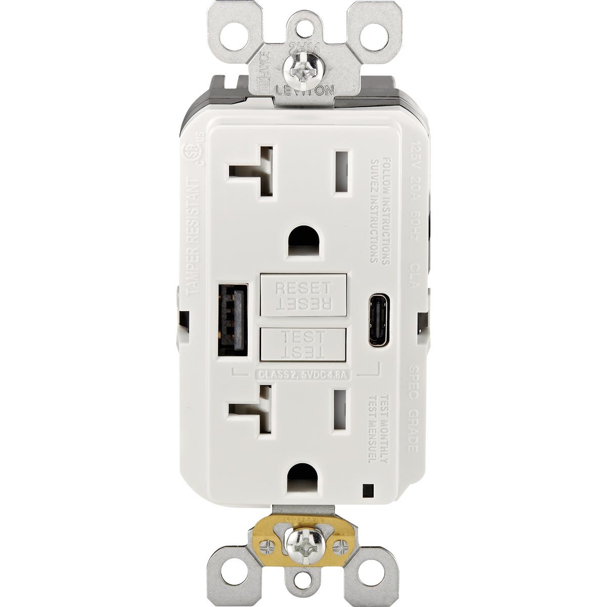 Leviton SmartlockPro White 2-Port USB Charging Outlet with 5-20R Self-Test GFCI  In-Wall Charger Duplex Outlet