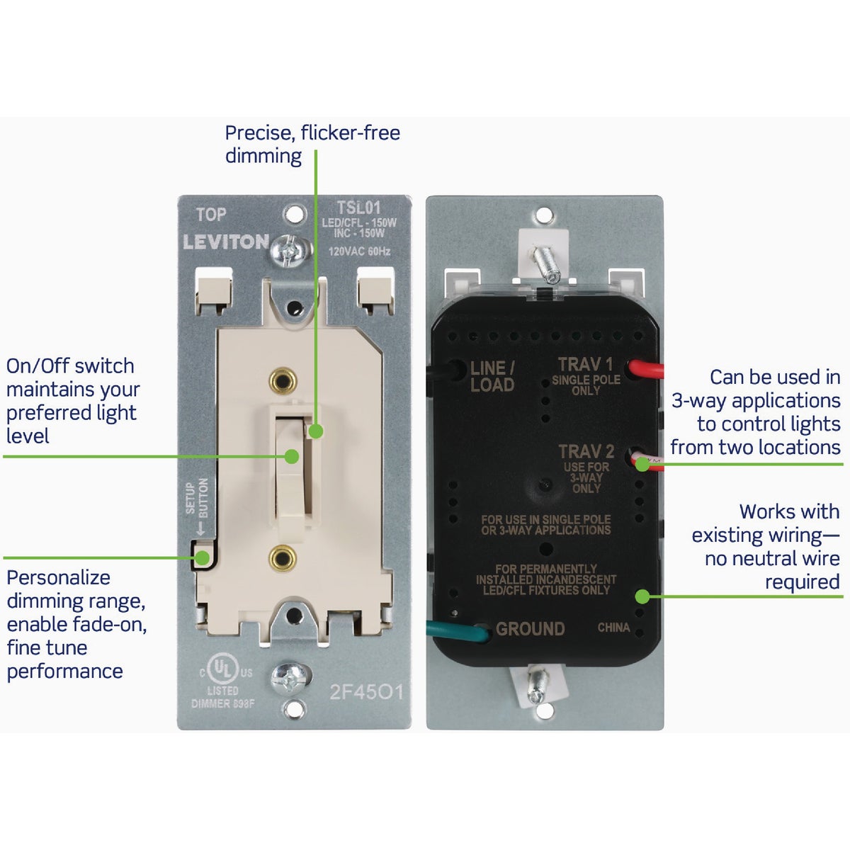 Leviton LED/CFL/Incandescent Light Almond Slide Dimmer Image 2
