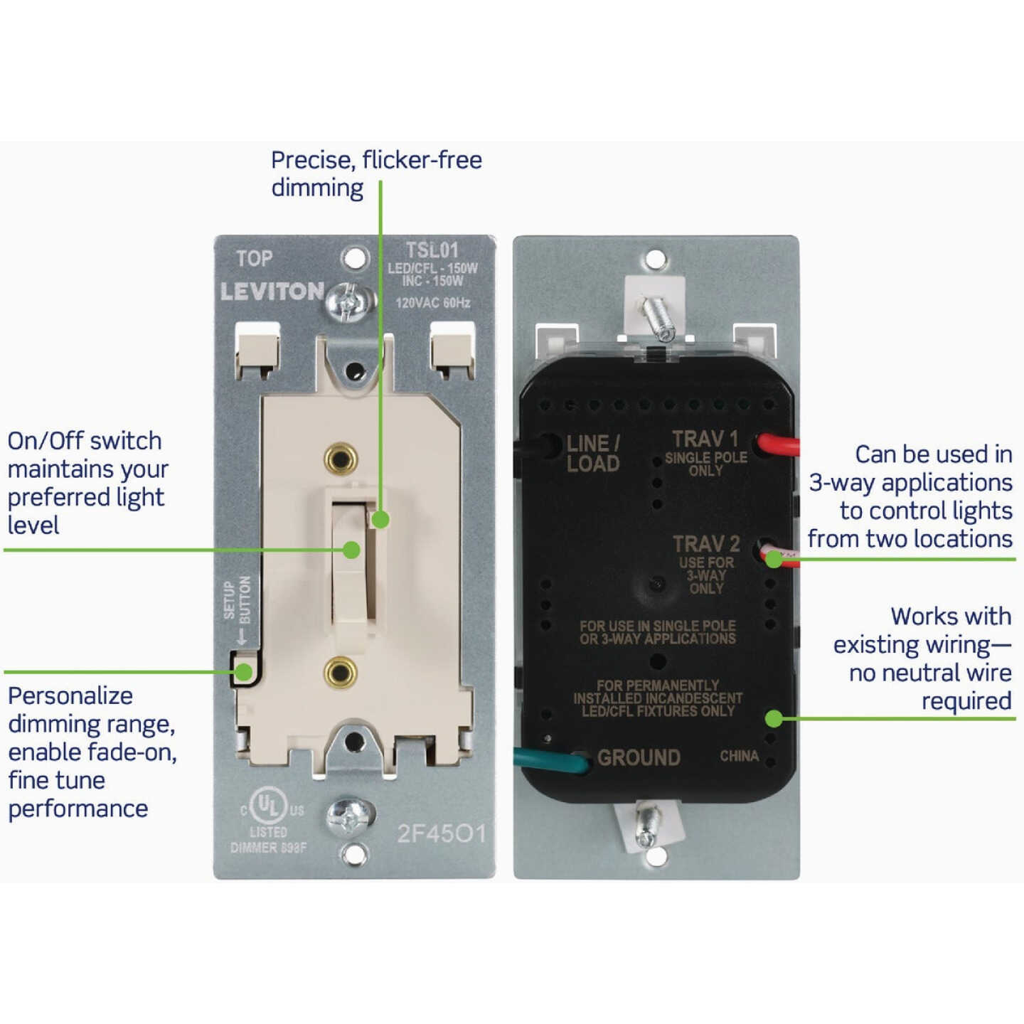 Leviton LED/CFL/Incandescent Light Almond Slide Dimmer Image 2