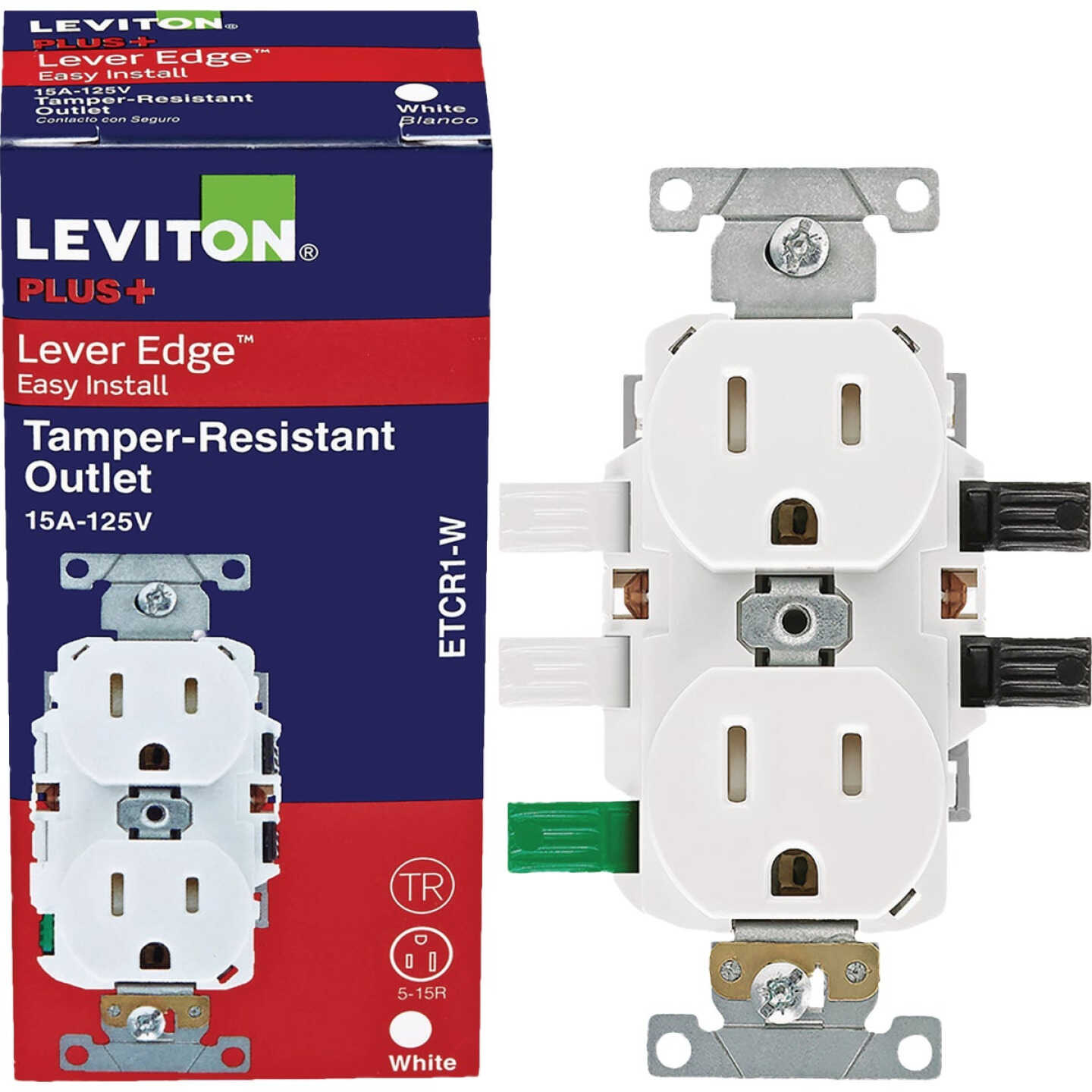 Leviton Lever Edge White 15A Commercial Grade 5-15R Tamper Resistant Duplex Outlet Image 1
