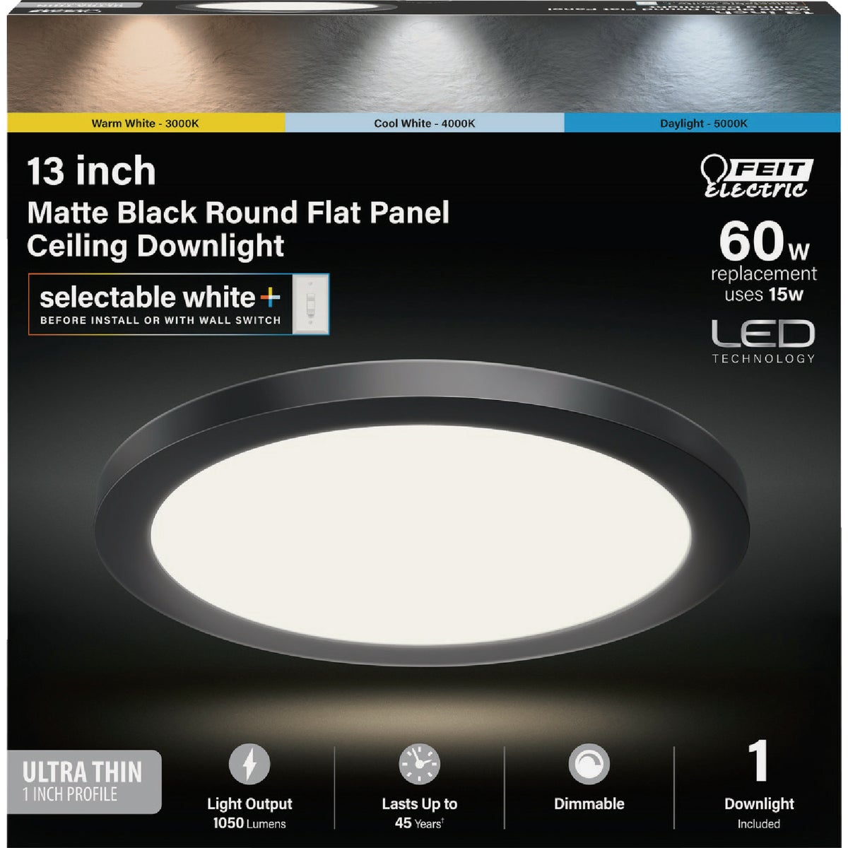 Feit Electric Edge-Lit 13 In. Matte Black Round Disc 4-Way LED Flush Mount Light Image 2