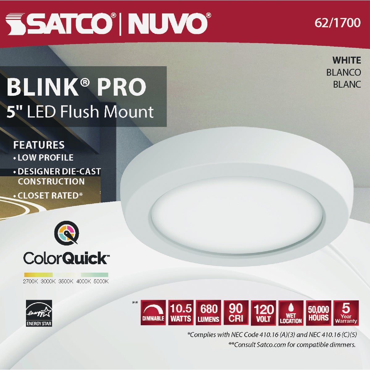 Satco Blink Pro 5 In. White 680 Lm. CCT-Selectable LED Flush Mount Light Fixture Image 4