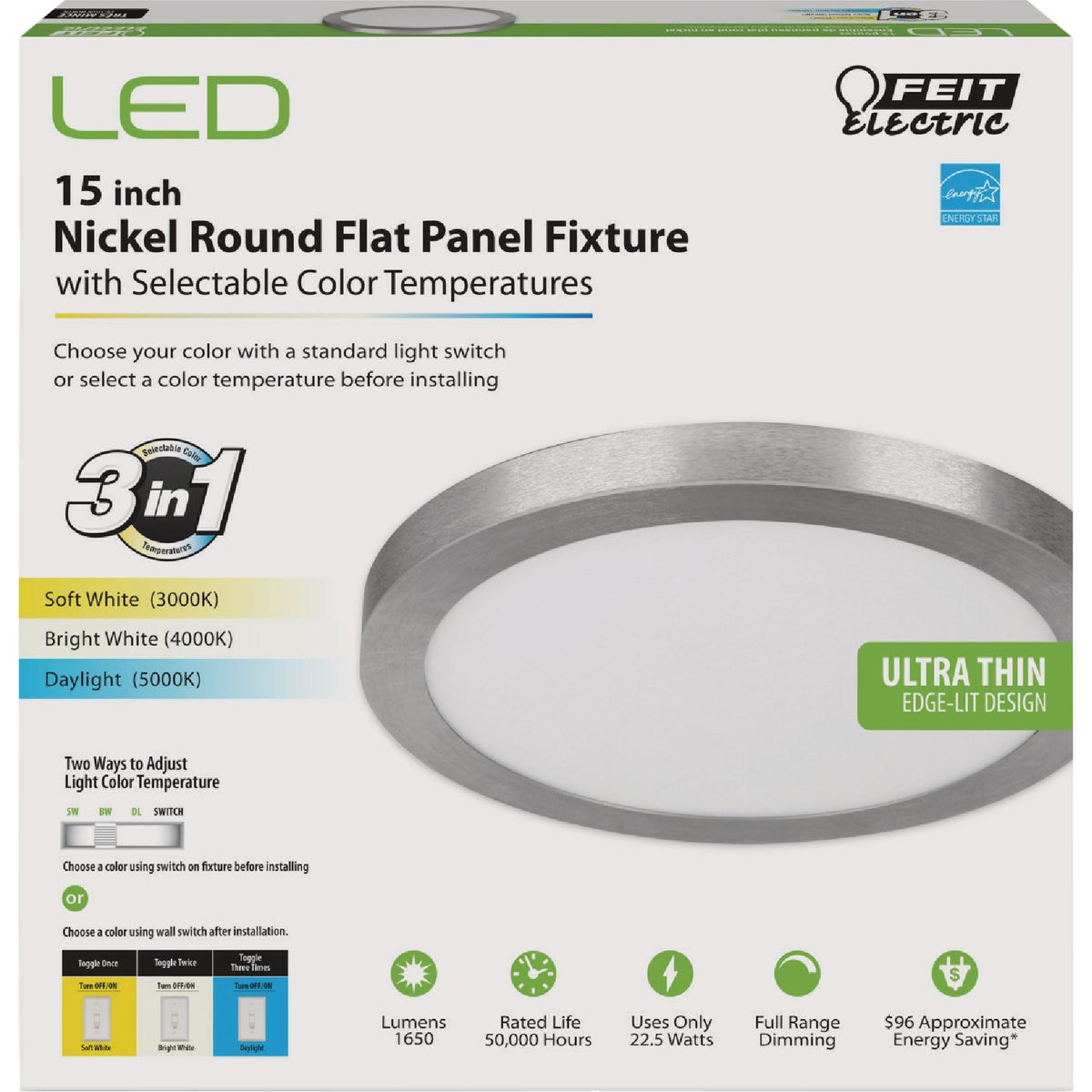 Feit Electric Edge-Lit 15 In. Nickel Round Disc 4-Way LED Flush Mount Light Image 3