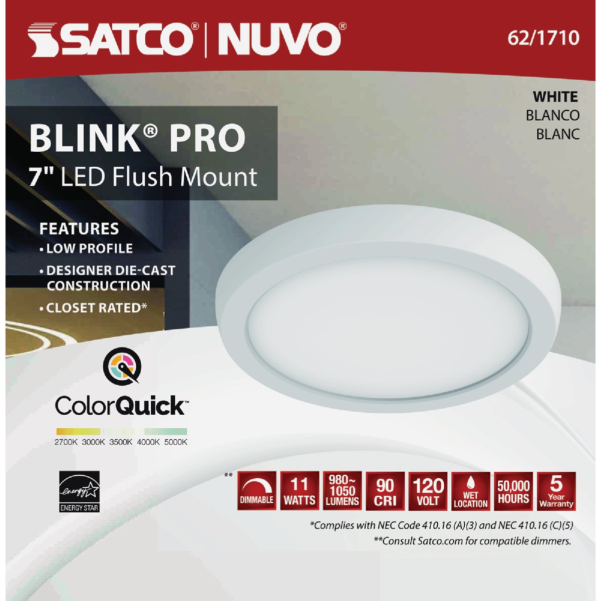 Satco Blink Pro 7 In. White 980 Lm. CCT-Selectable LED Flush Mount Light Fixture Image 2