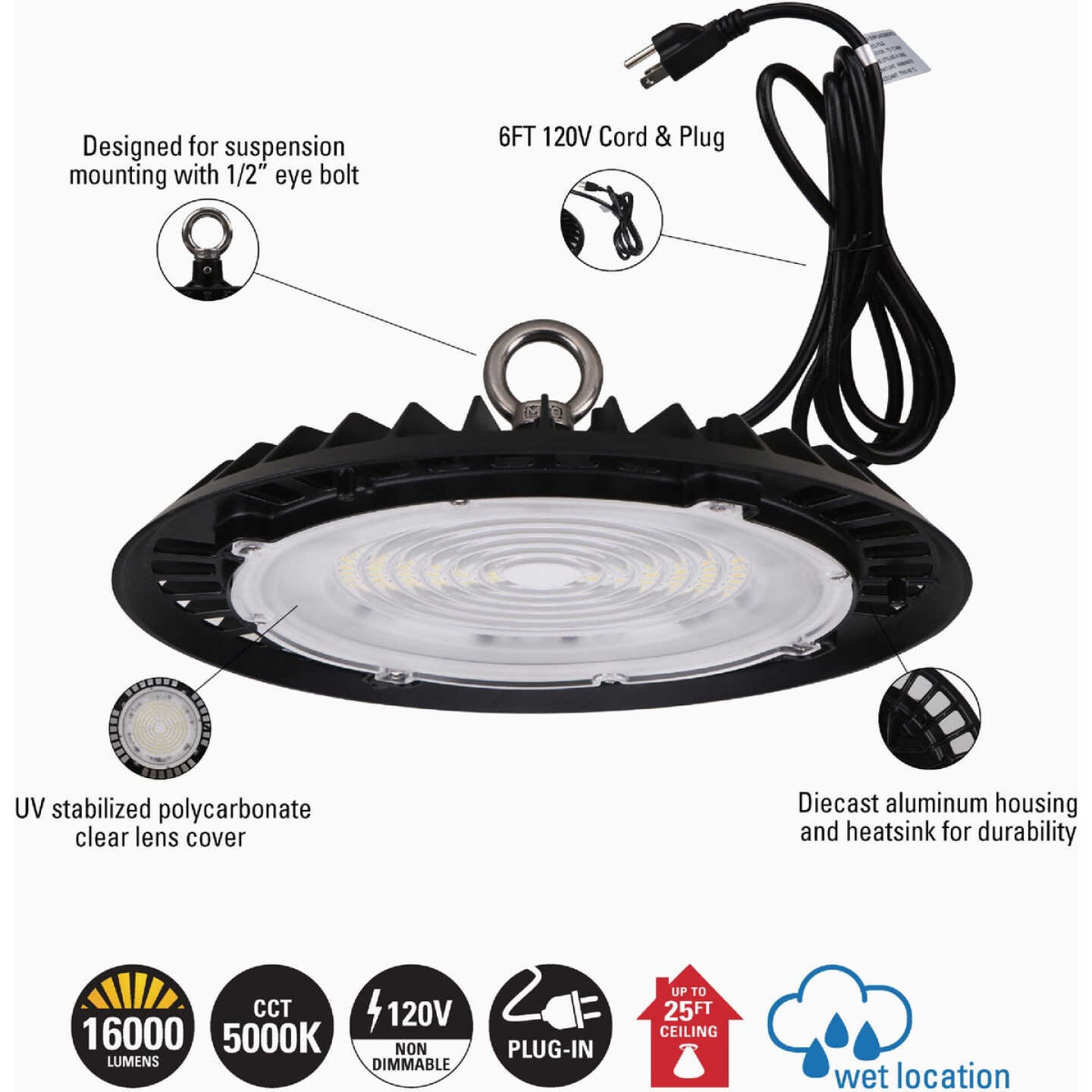 Metalux 11 In. 180W Equivalent 16,000 Lm. 5000K CCT High Bay Image 4