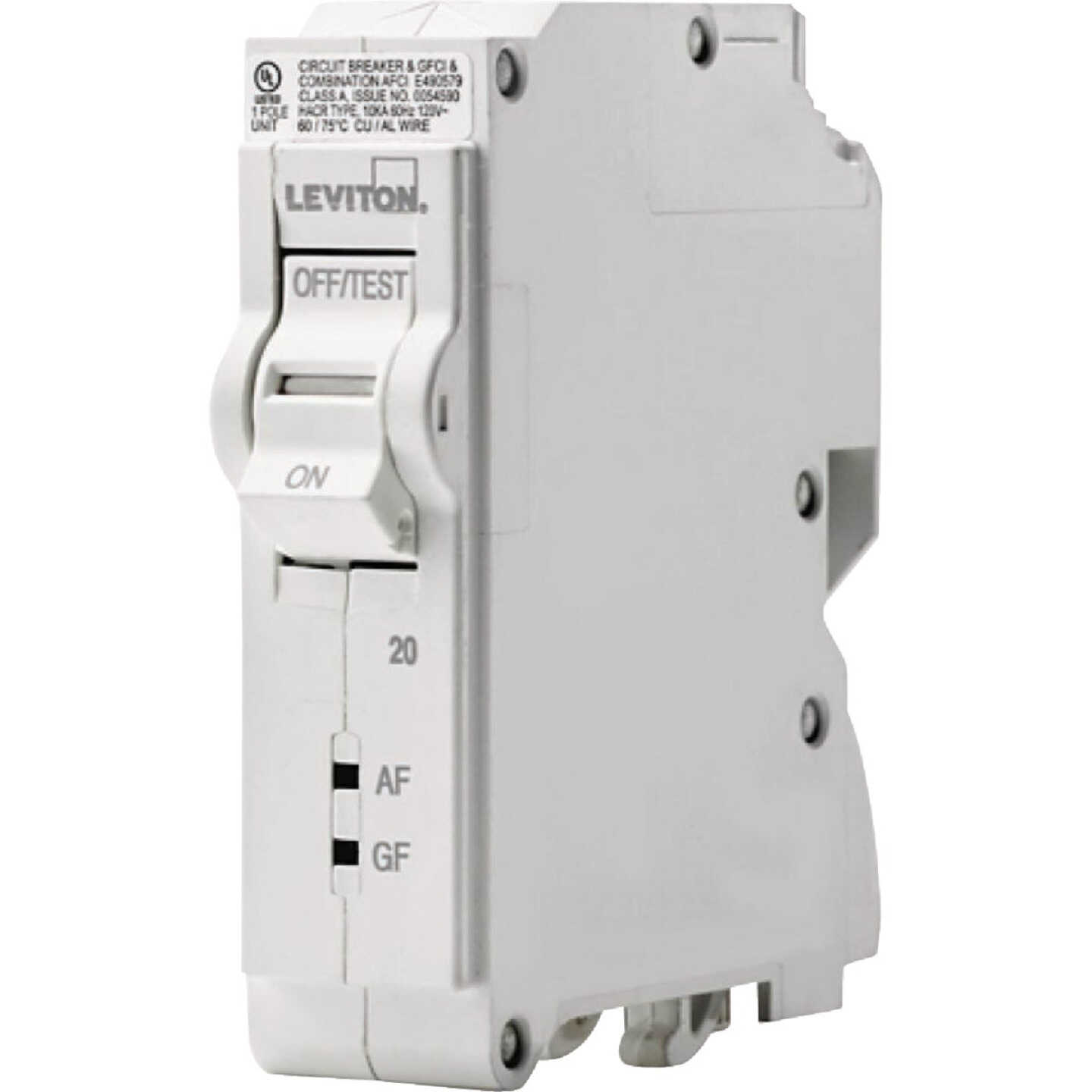 Leviton 20A 1-Pole Hydraulic Magnetic Trip Plug-On AFCI/GFCI White Branch Circuit Breaker Image 1