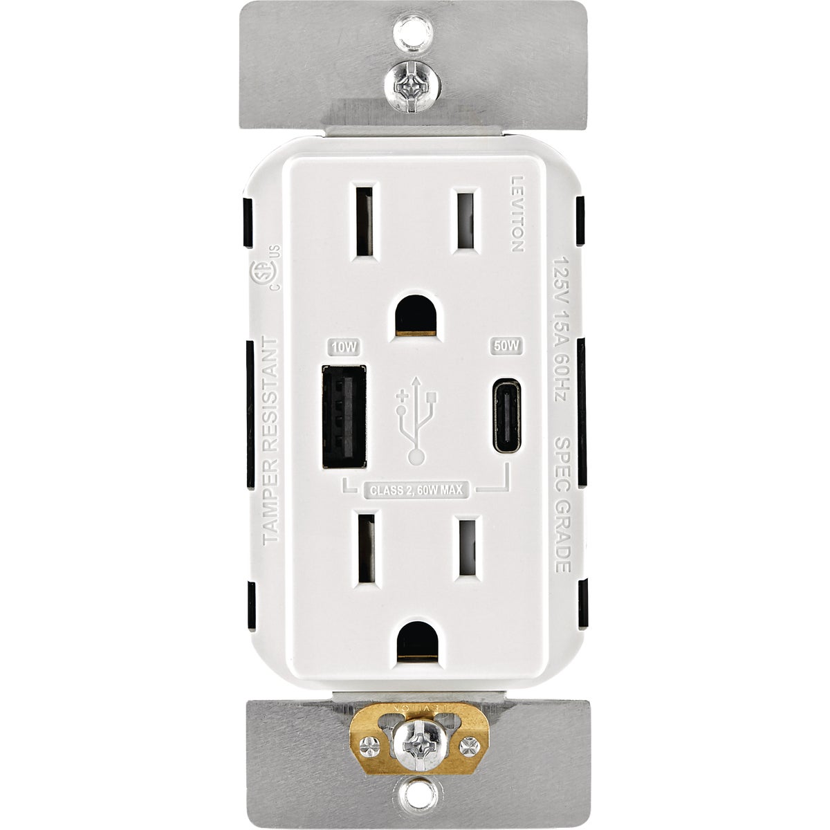 Leviton Decora White 15A Tamper Resistant Duplex Outlet with 60W USB-A + USB-C Power Delivery Charger