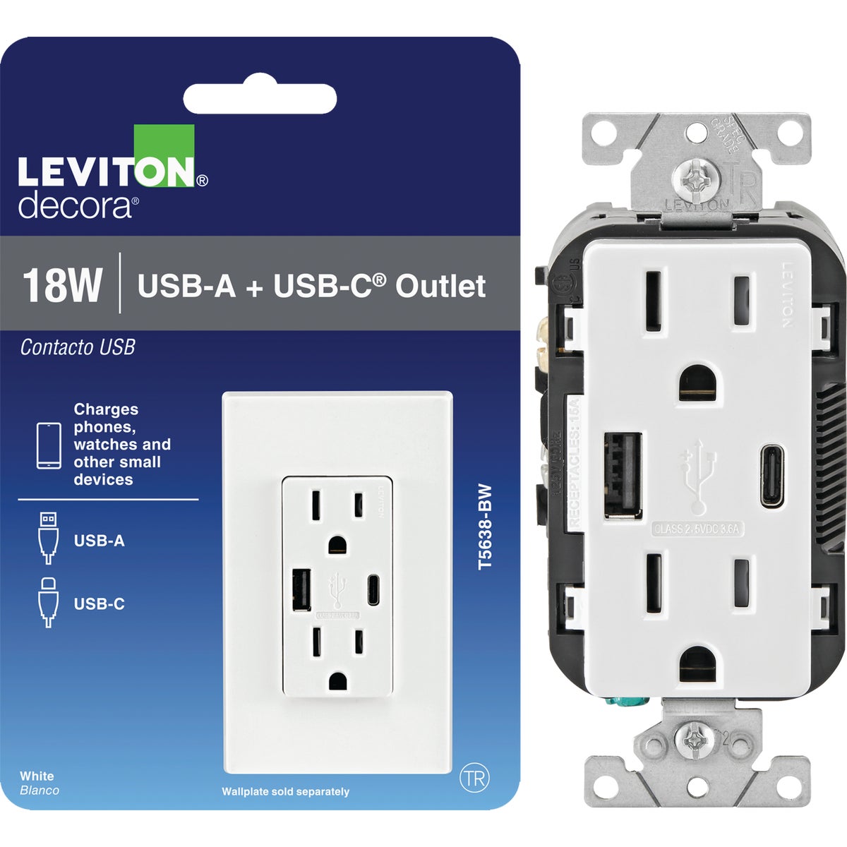 Decora White 15 Amp Tamper Resistant Duplex Outlet with 18-Watts USB-A + USB-C Charger, (1-Pack) BAC15-0BW