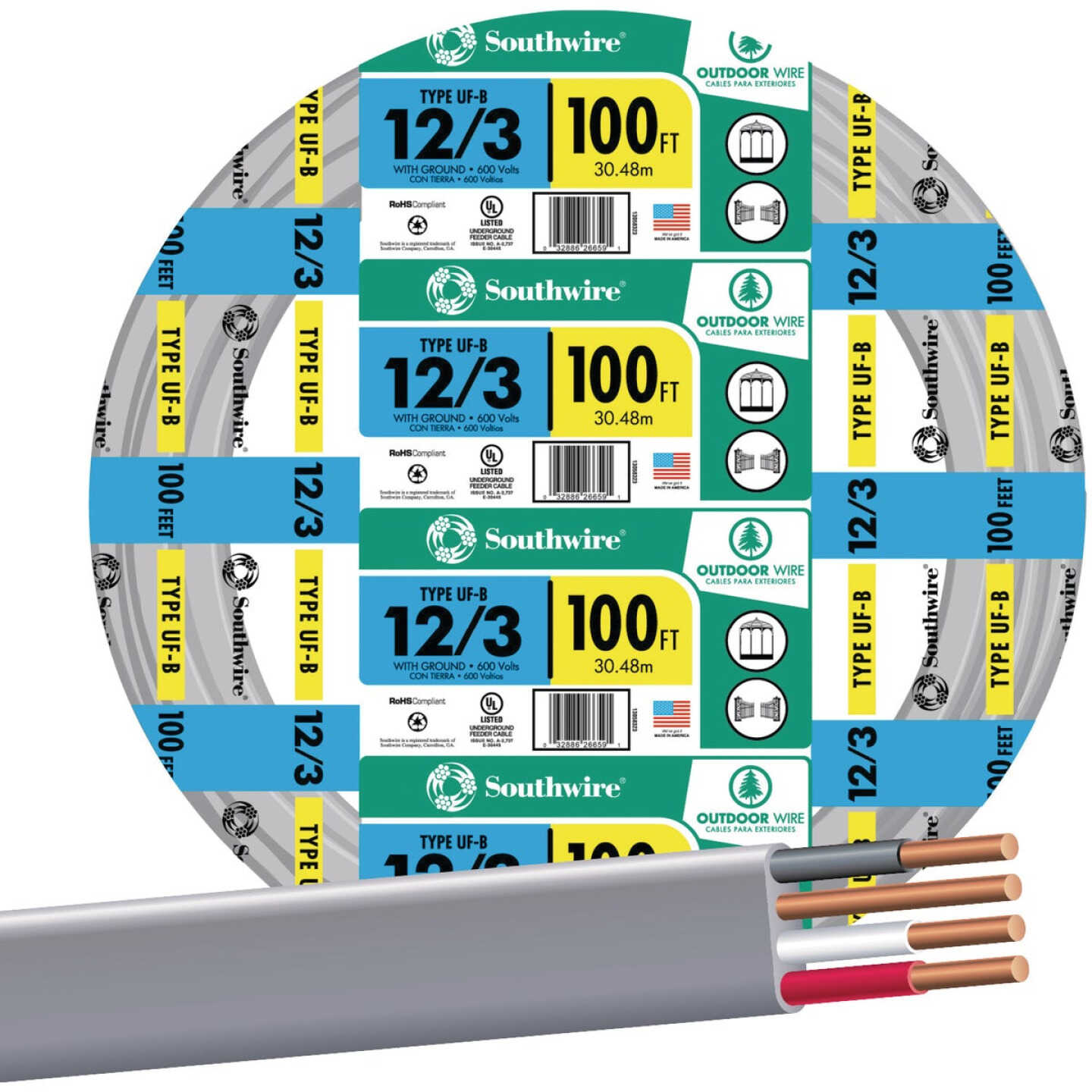 Southwire 100 Ft. 12 AWG 3-Conductor UFW/G Electrical Wire Image 1