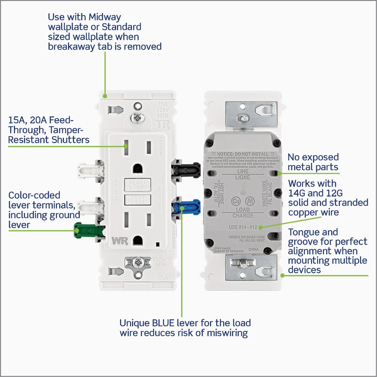 Leviton Lever Edge Self-Test 15A Tamper/Weather-Resistant GFCI Duplex Outlet Image 4