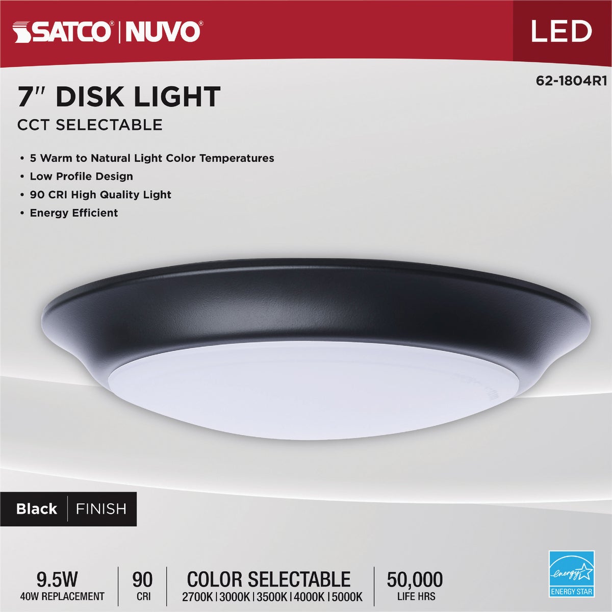 Satco Nuvo 7 In. Black 60W Equivalent LED CCT-Selectable Disk Flush Mount Ceiling Light Fixture Image 4
