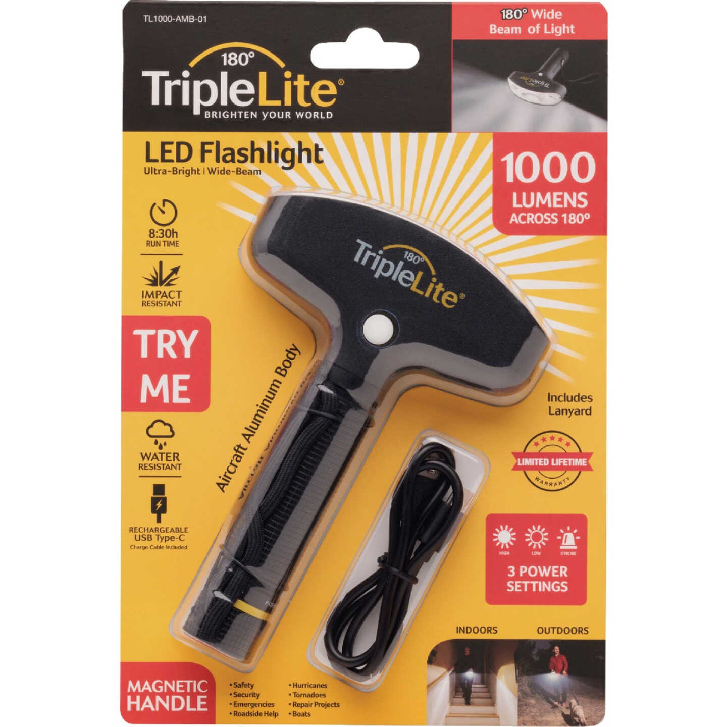 TripleLite 1000 Lm. 180 Deg Rechargeable Aircraft Aluminum Flashlight Image 1