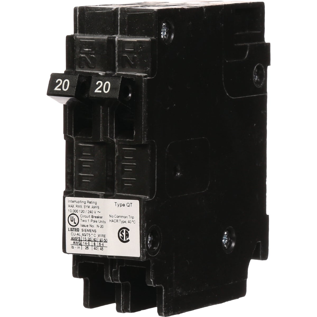 Siemens 20A Tandem Single Pole Type QT Circuit Breaker