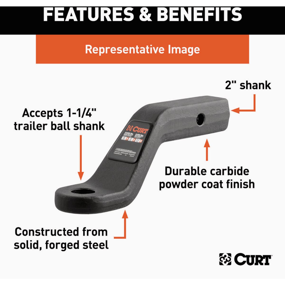 CURT 17000 Lb. 4 In. Drop 3 In. Rise 1-1/4 In. Hole Forged Trailer Hitch Ball Mount fits 2 In. Receiver Image 2