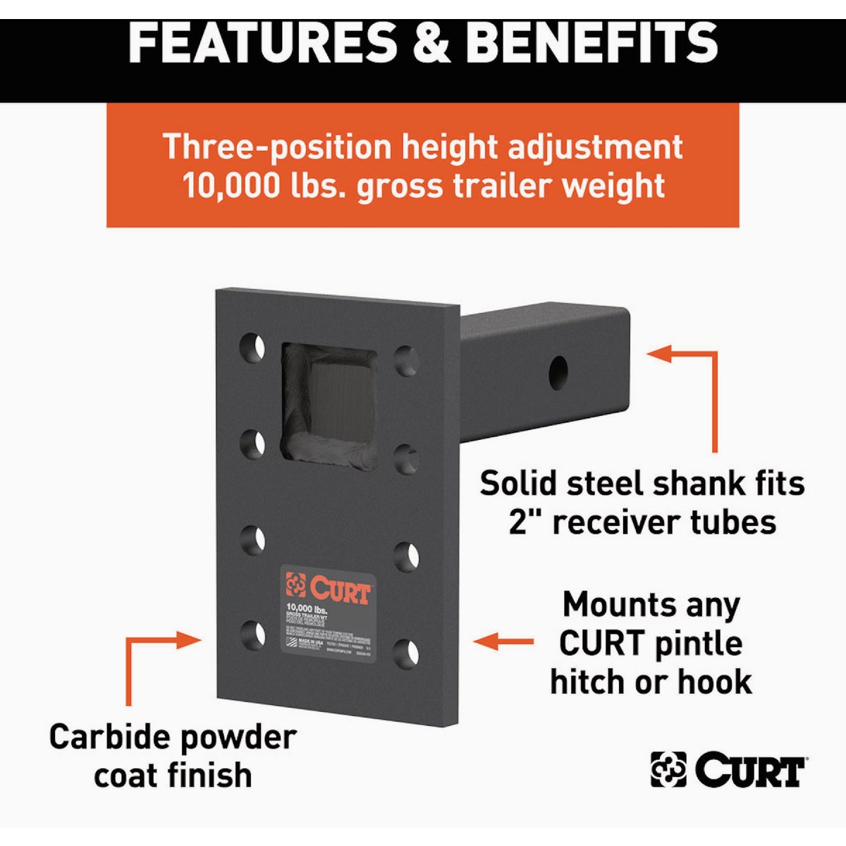 CURT 2 In. Adjustable Pintle Mount, 10,000 Lb. Capacity Image 3