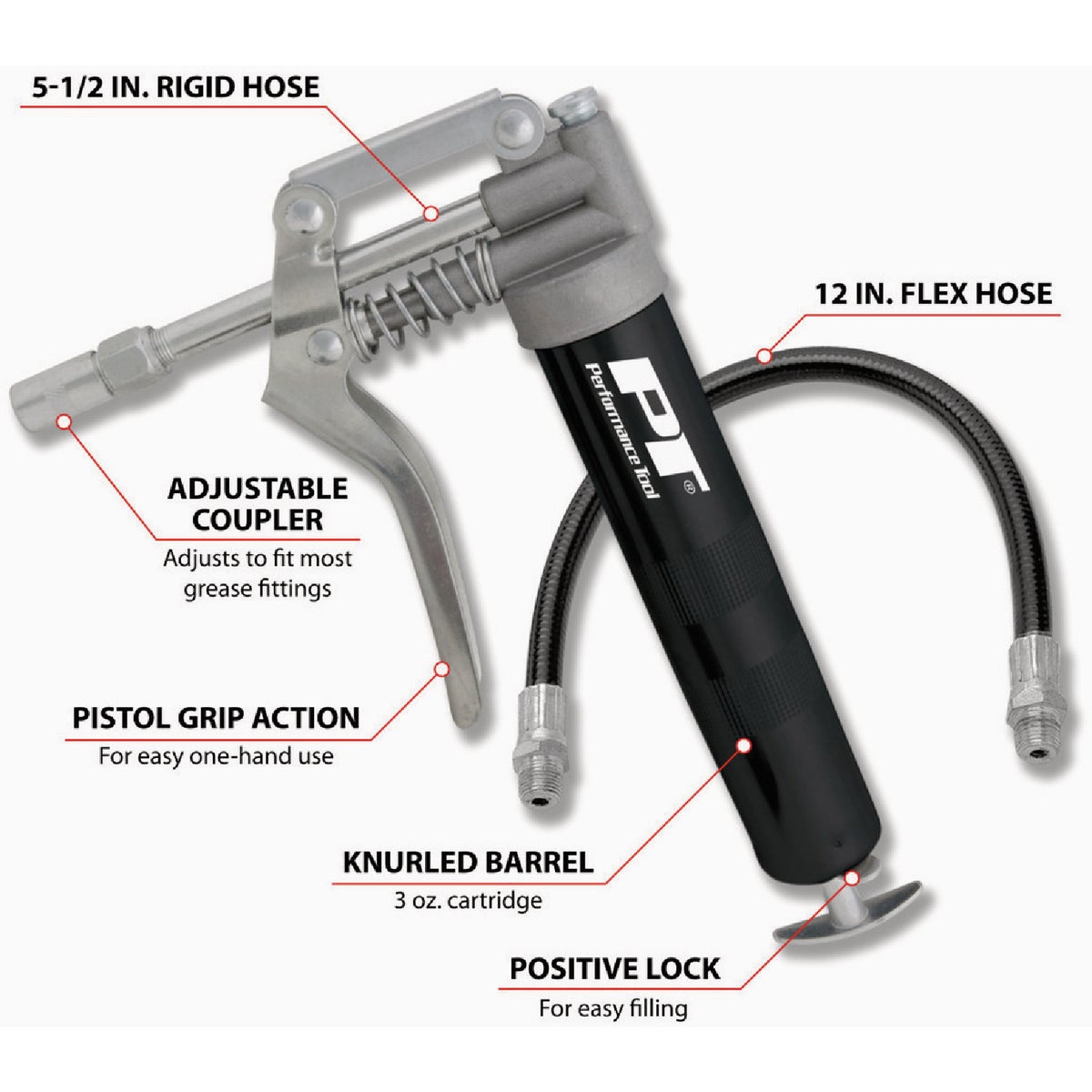 Performance Tool Mini Pistol Grip Grease Gun with Flex Hose Image 2