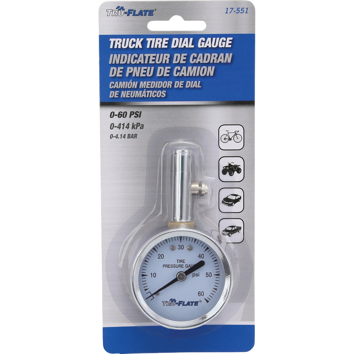 Tru-Flate 10-60 PSI Nickel-Plated Dial Tire Gauge Image 2