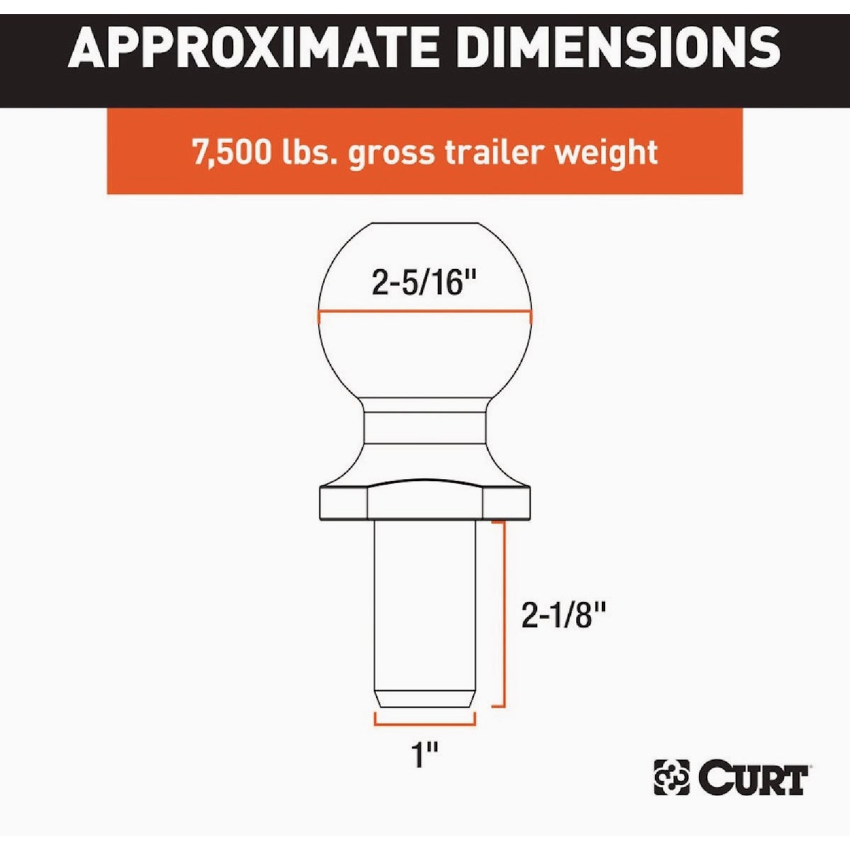 CURT  2-5/16 In. Dia. 1 x 2-1/8 In. Shank Stainless Steel Trailer Hitch Ball, 7,500 Lb. Image 2