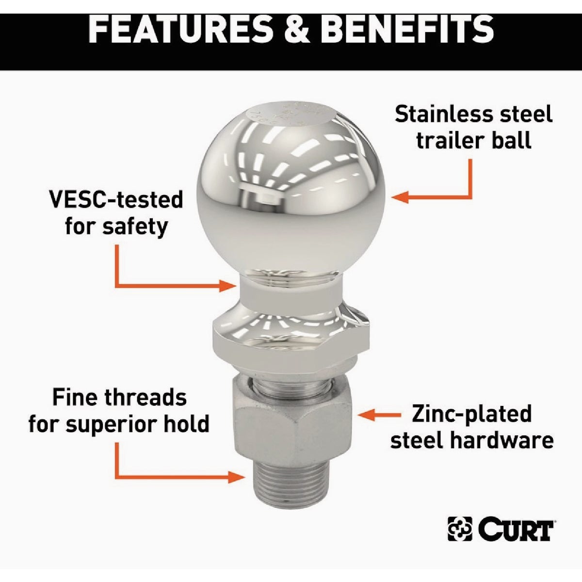 CURT  2-5/16 In. Dia. 1 x 2-1/8 In. Shank Stainless Steel Trailer Hitch Ball, 7,500 Lb. Image 3