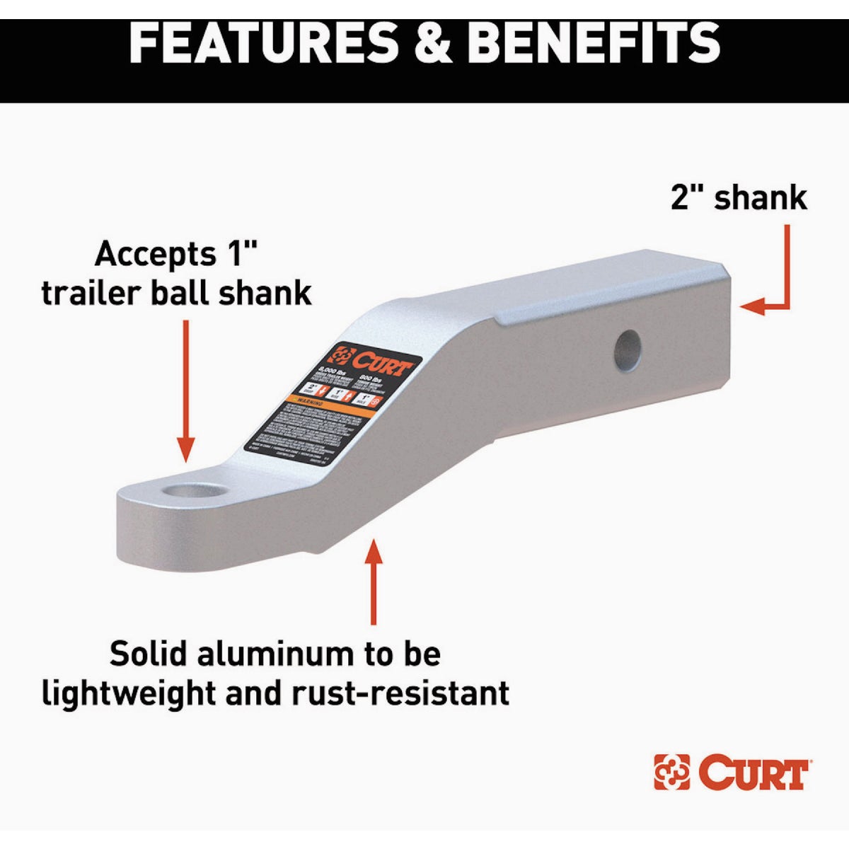 CURT 8000 Lb. 2 In. Drop 1 In. Rise 1 In. Hole Aluminum Trailer Hitch Ball Mount fits 2 In. Receiver Image 6