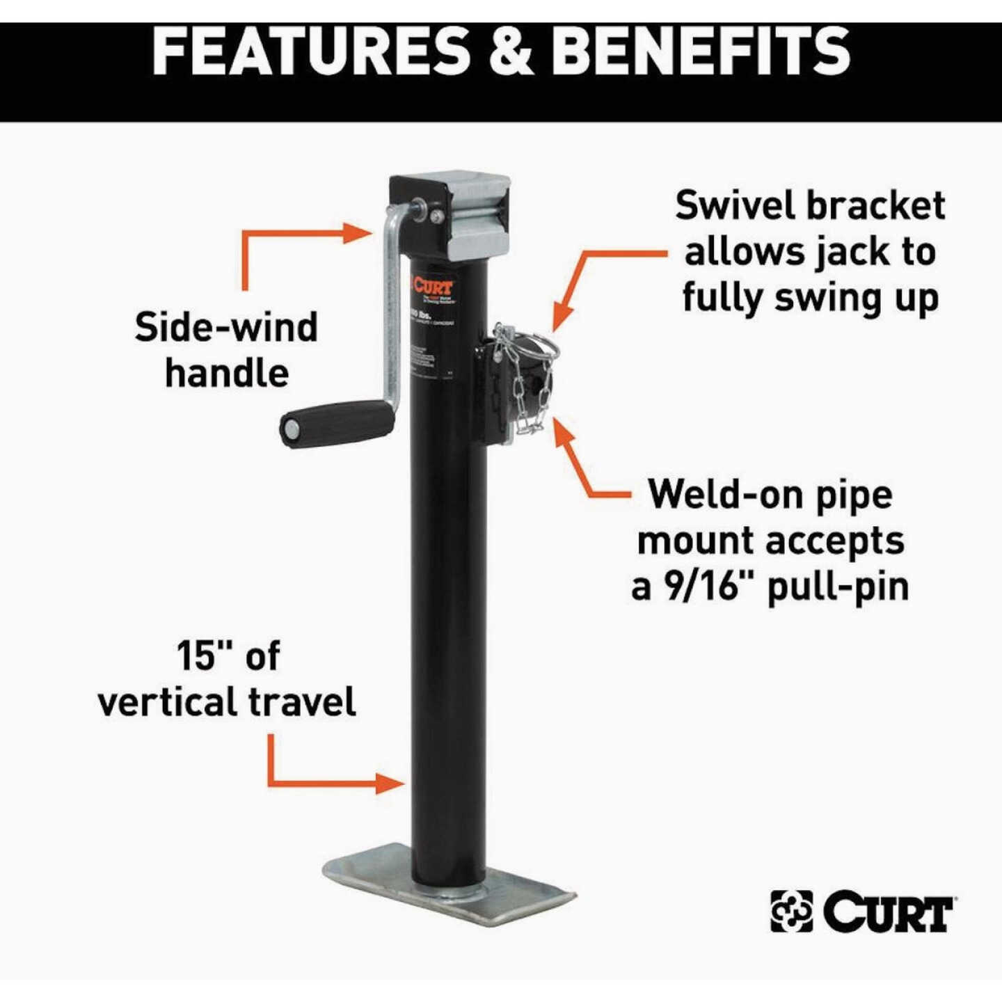 CURT 2000 Lb. Pipe-Mount Swivel Jack with Side Handle, 15 In. Travel Image 2