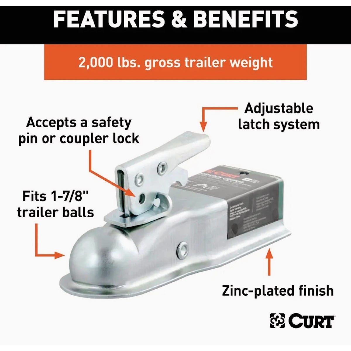 Curt 1-7/8 In. Zinc Posi-Lock Straight-Tongue Trailer Coupler, 2-1/2 In. Channel, 2,000 Lb. Strength Image 4