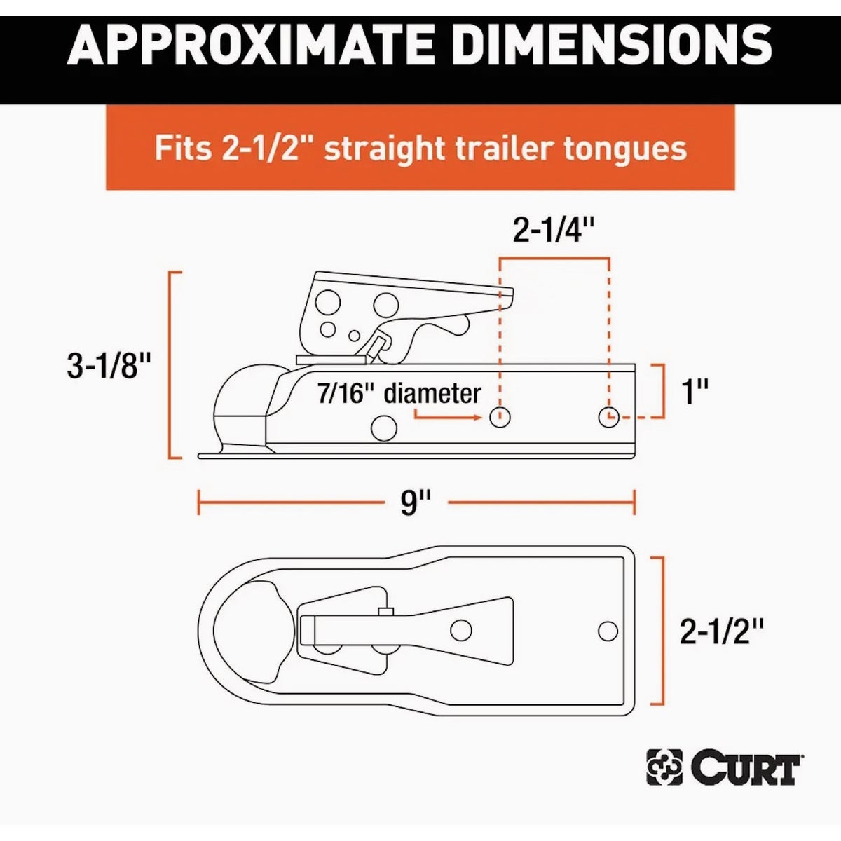 Curt 1-7/8 In. Zinc Posi-Lock Straight-Tongue Trailer Coupler, 2-1/2 In. Channel, 2,000 Lb. Strength Image 2