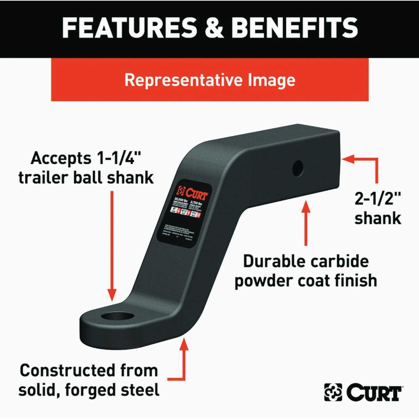 CURT 20000 Lb. 8 In. Drop 1-1/4 In. Hole Commercial Duty Forged Trailer Hitch Ball Mount fits 2-1/2 In. Receiver Image 5