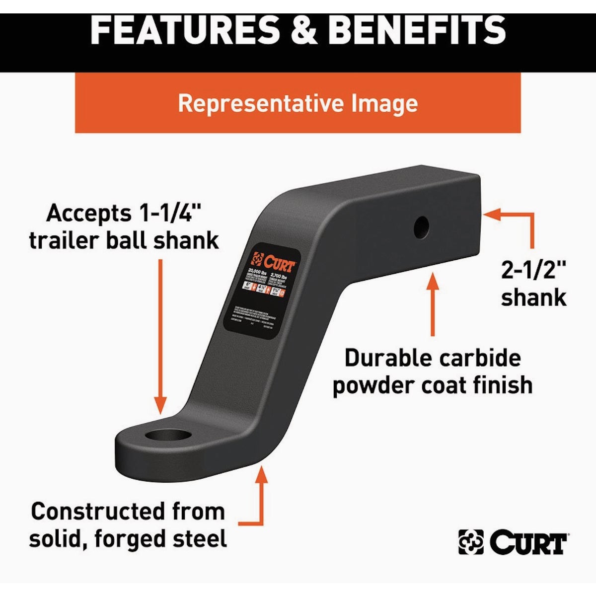 CURT 20000 Lb. 8 In. Drop 1-1/4 In. Hole Commercial Duty Forged Trailer Hitch Ball Mount fits 2-1/2 In. Receiver Image 3