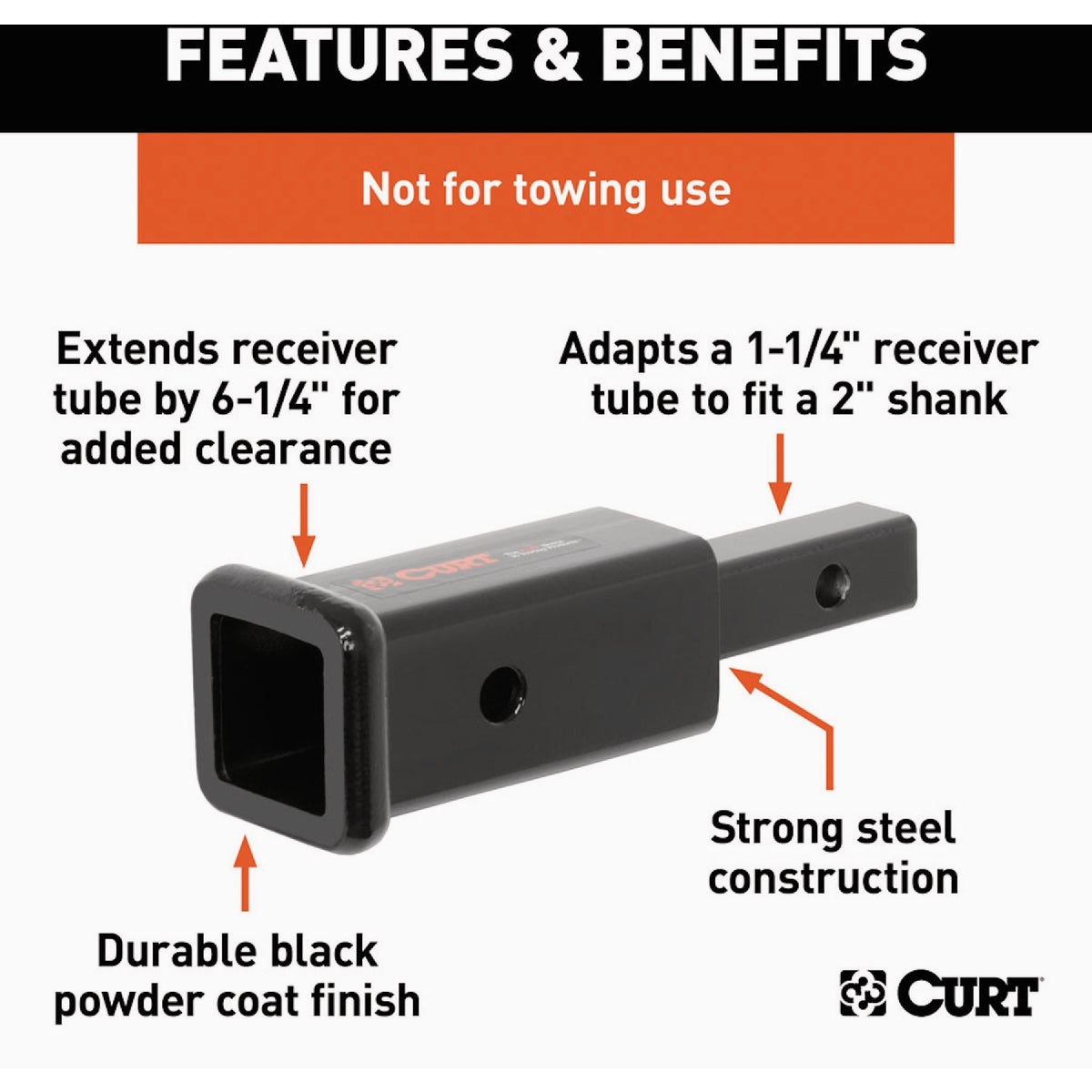 CURT 1-1/4 In. to 2 In. 6-1/4-In. Extension Trailer Hitch Receiver Adapter, 350 lbs Image 3
