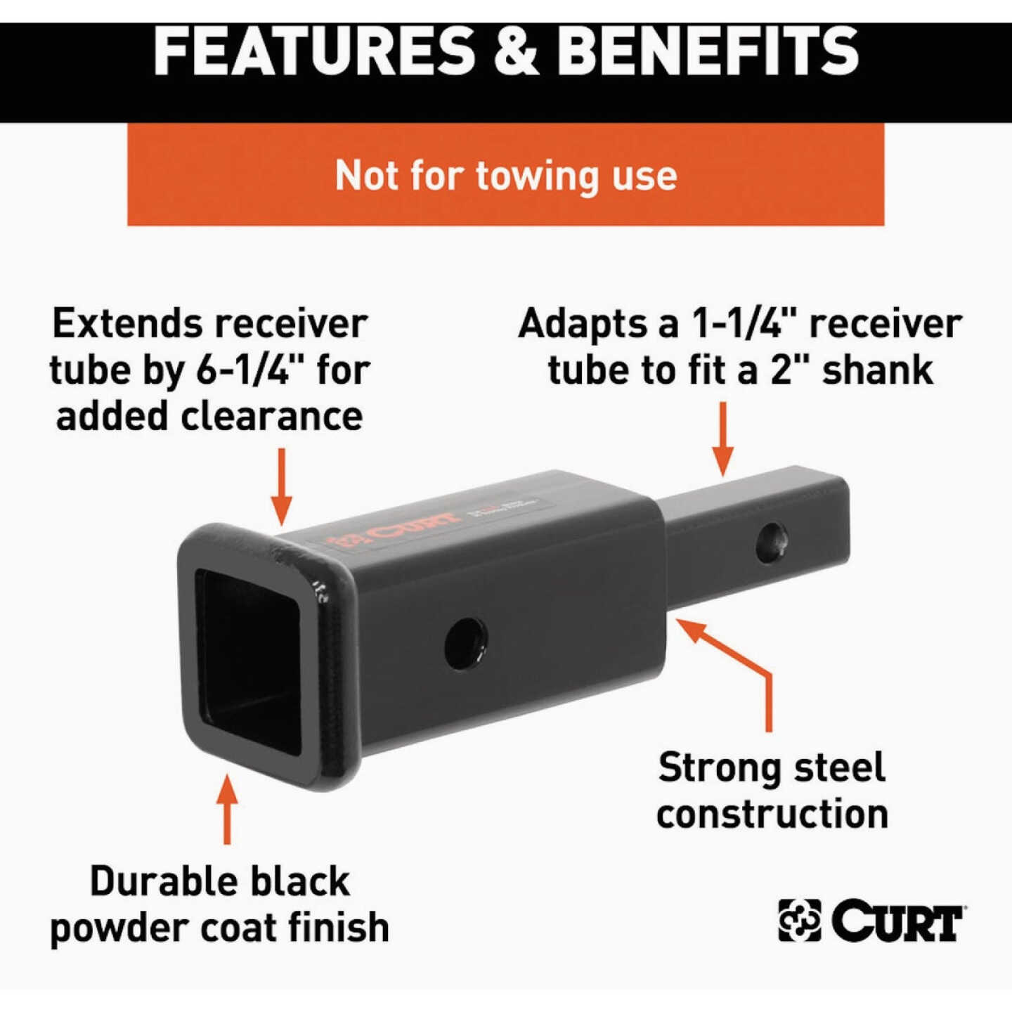 CURT 1-1/4 In. to 2 In. 6-1/4-In. Extension Trailer Hitch Receiver Adapter, 350 lbs Image 3