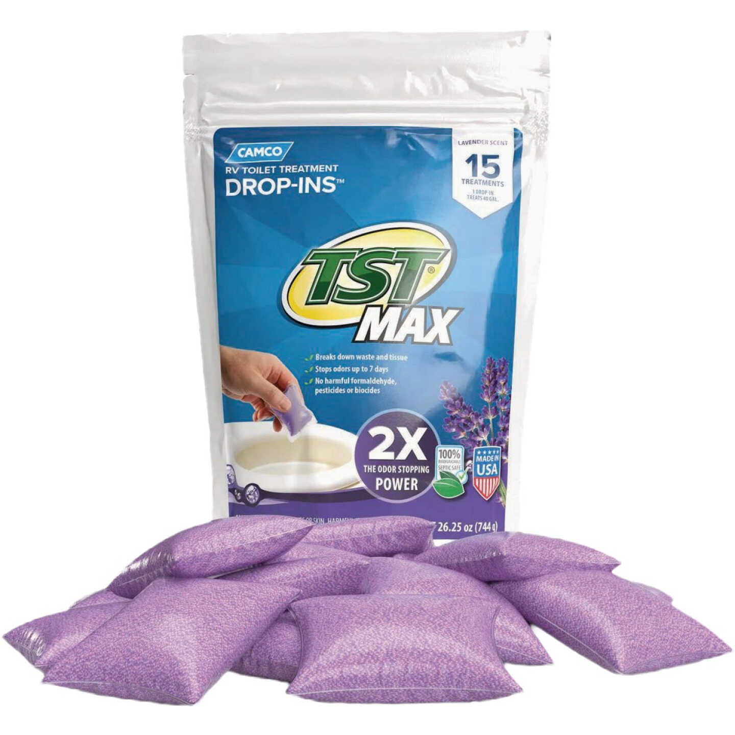 Camco TST MAX RV Toilet Treatment Drop-Ins, Lavender (15-Count) Image 1
