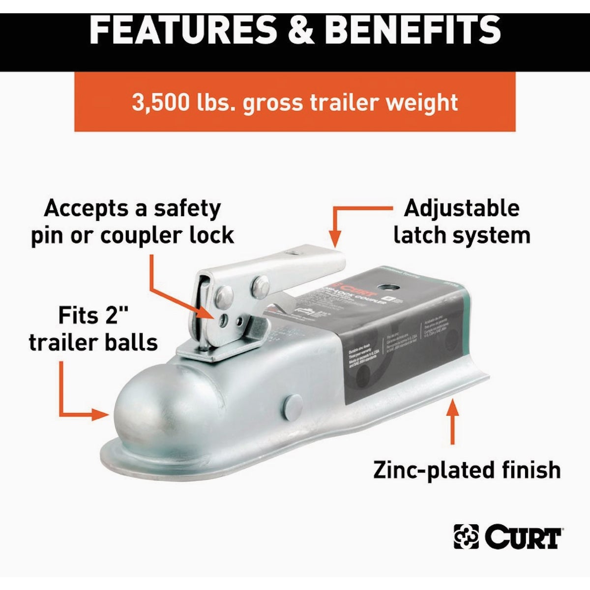 Curt 2 In. Straight-Tongue Coupler with Posi-Lock, 2-1/2 In. Channel, 3,500 Lb. Strength Image 3
