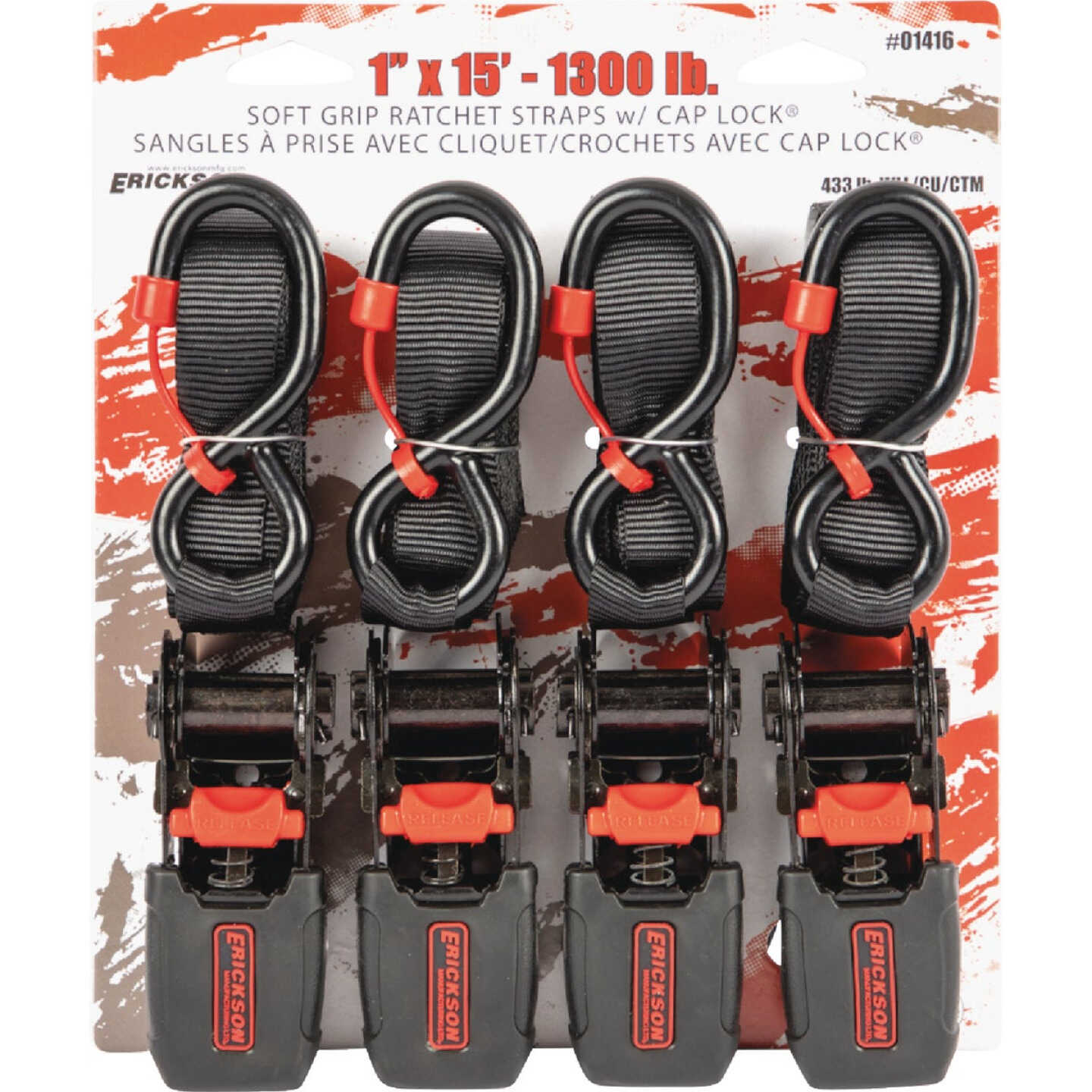 Erickson 1 In. x 15 Ft. 1300 Lb. Soft Grip Ratchet Tie-Down with Cap Locks (4-Pack) Image 2