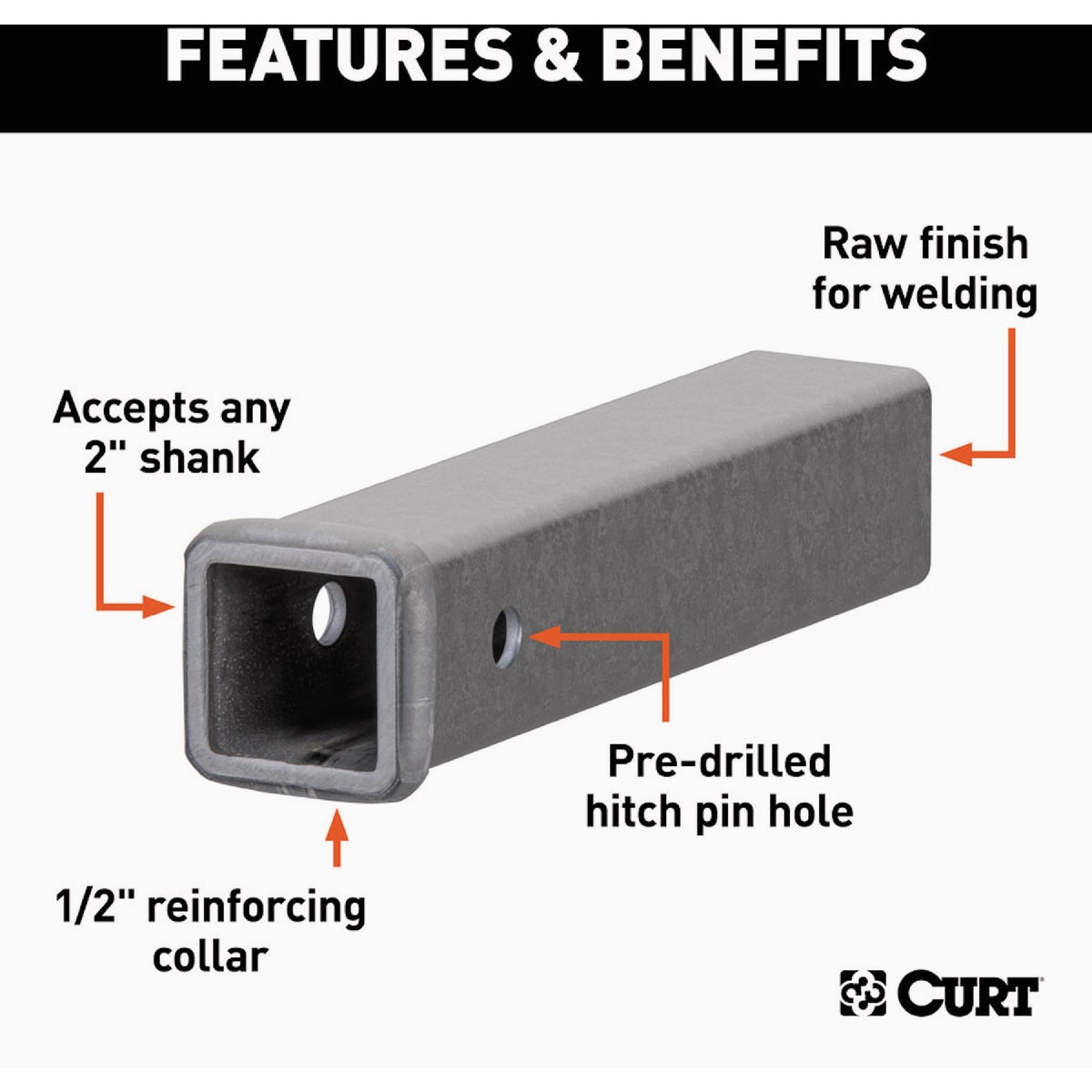 CURT 2 In. x 12 In. Weld-On Raw Steel Trailer Hitch Receiver Tube Image 3