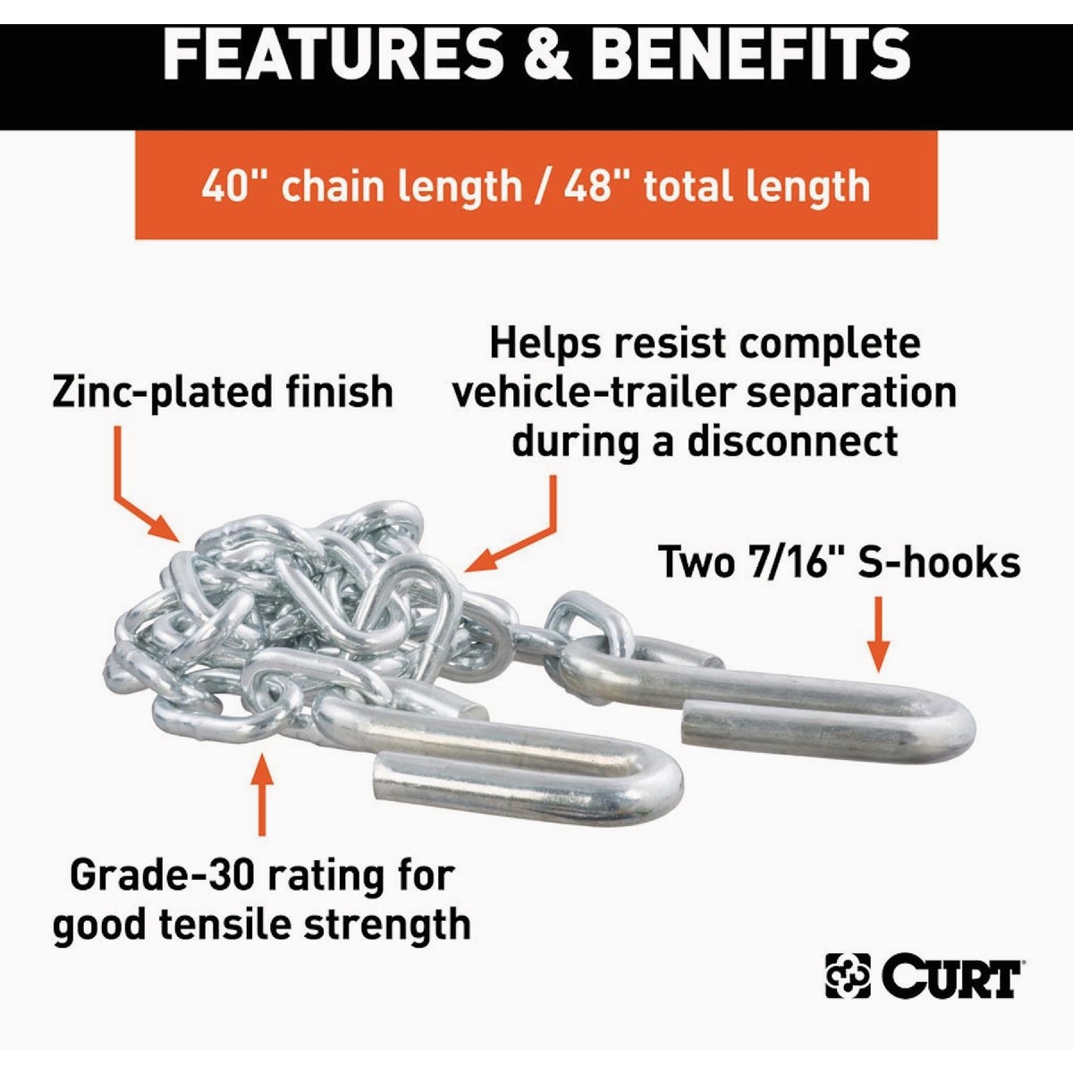 Curt 48 In. 5000 Lb. Capacity Trailer Safety Chain with 7/16 In. S-Hooks Image 2