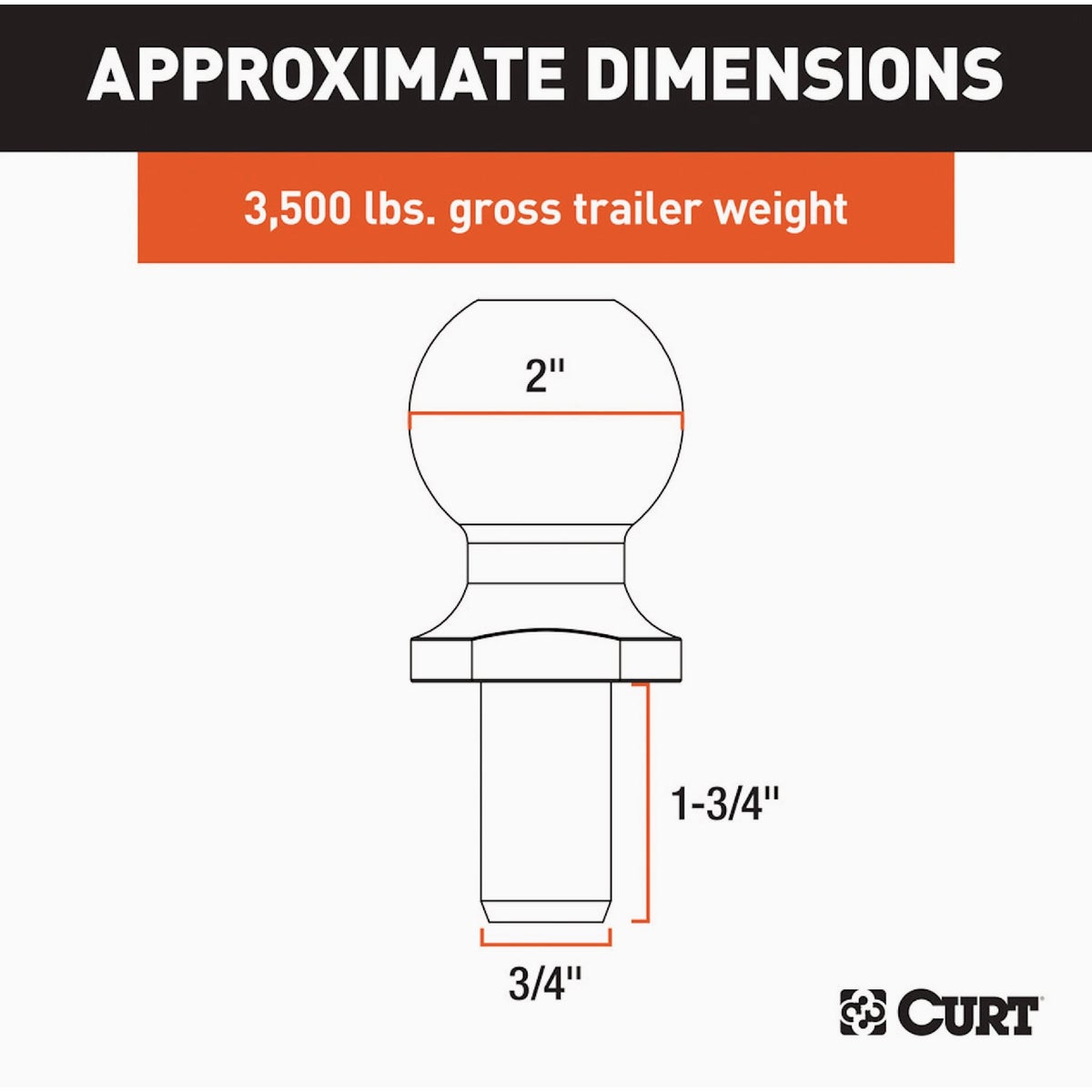 CURT 2 In. Dia. 3/4 In. x 1-3/4 In. Shank Chrome Trailer Ball , 3,500 Lb. Image 2