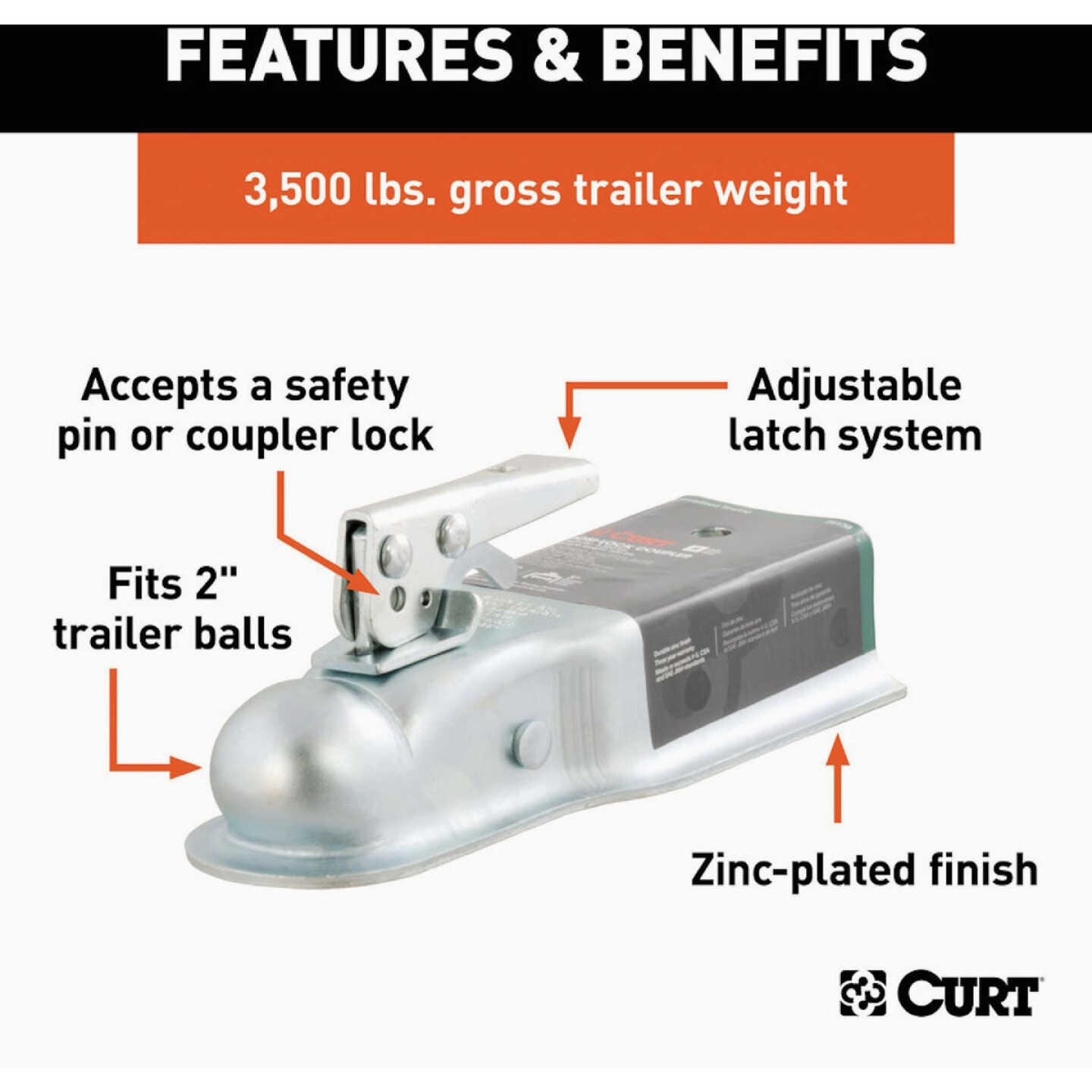 Curt 2 In. Zinc Posi-Lock Straight-Tongue Trailer Coupler, 3 In. Channel, 3,500 Lb. Strength Image 3