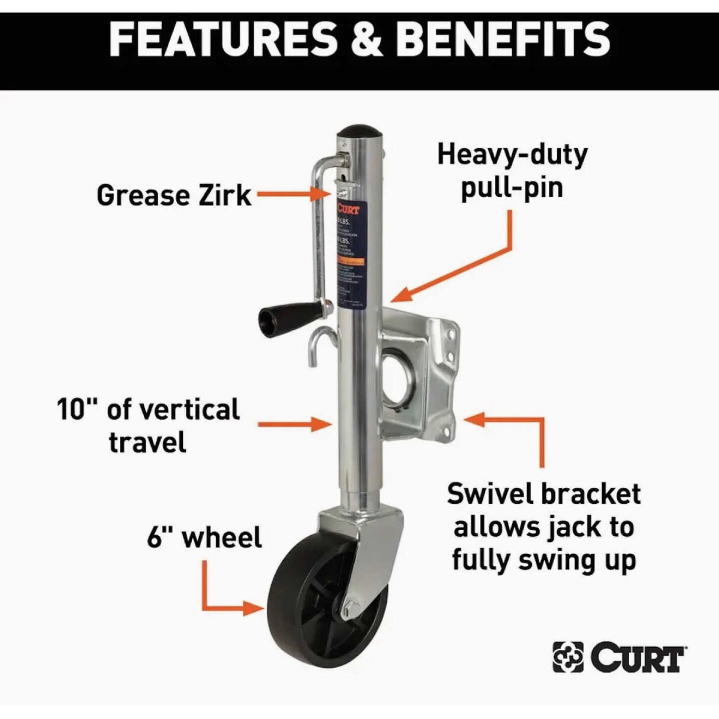 CURT 10 In. 1000 Lb. Marine Trailer Jack with 6 In. Wheel Image 3