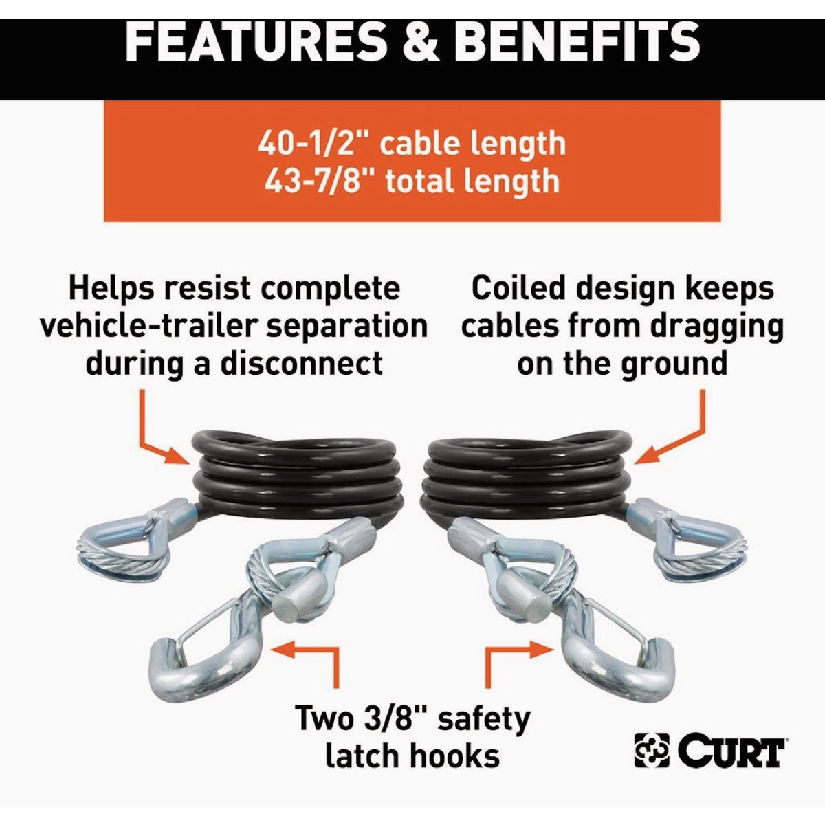 CURT 43-7/8 In. x 3500 Lb. Safety Cables with Two Snap Hooks (2-Pack) Image 6