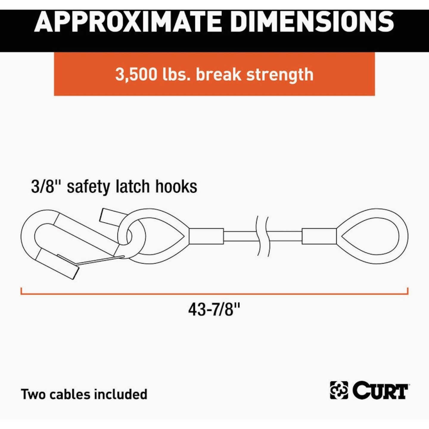 CURT 43-7/8 In. x 3500 Lb. Safety Cables with Two Snap Hooks (2-Pack) Image 2