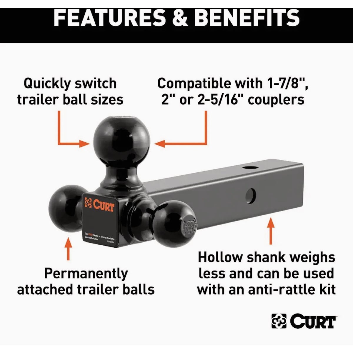 CURT 2 In. Hollow Shank 1-7/8 In., 2 In., & 2-5/16 In. Black Multi-Ball Mount Image 3