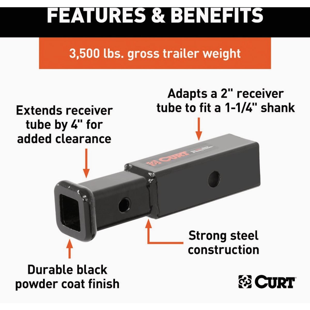 CURT 2 In. to 1-1/4 In. 4 In. Extension Trailer Hitch Receiver Adapter, 3,500 lbs Image 4